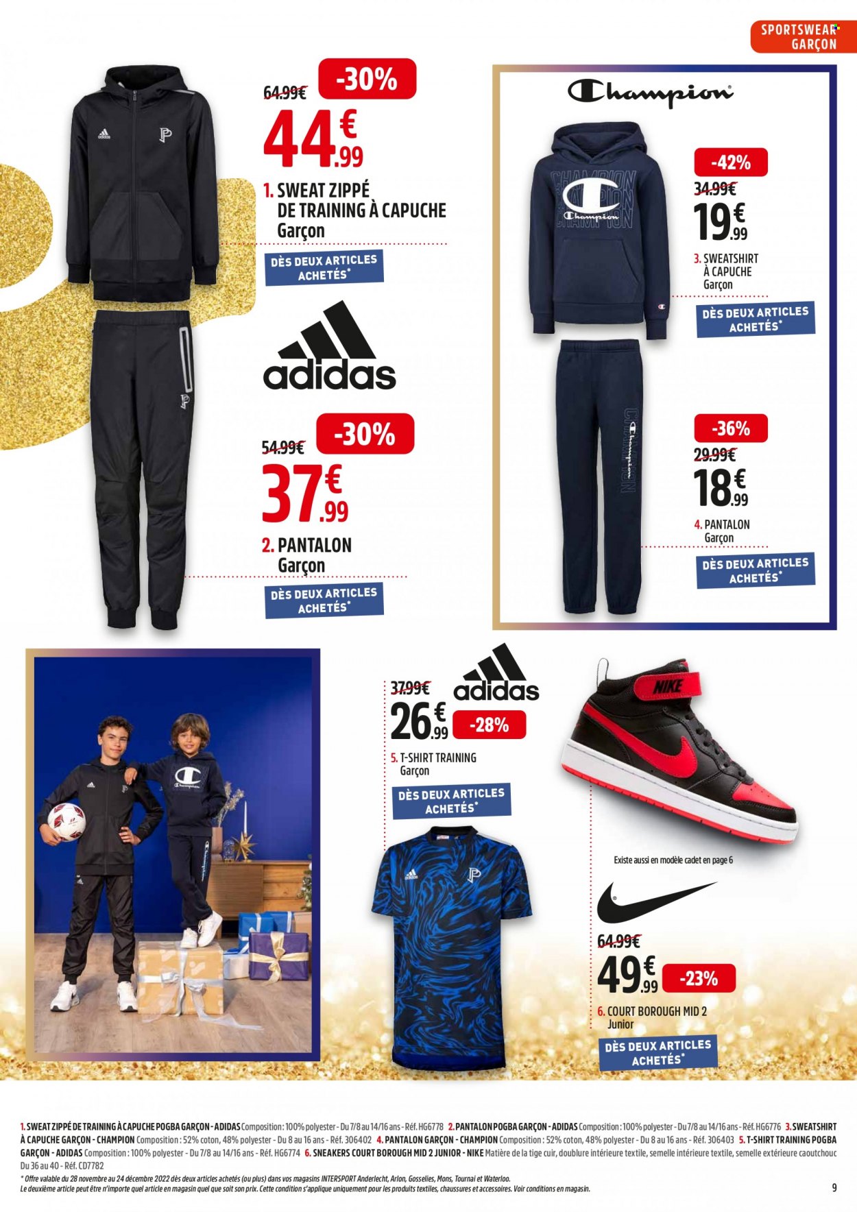 thumbnail - Intersport-aanbieding - 28/11/2022 - 24/12/2022 -  producten in de aanbieding - Nike, Adidas, Champion, sneakers, pantalon, sweatshirt. Pagina 9.