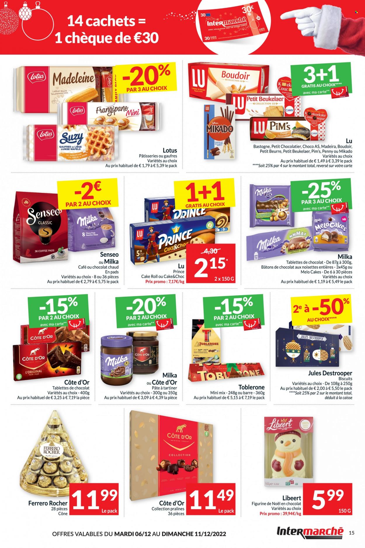 thumbnail - Intermarché-aanbieding - 06/12/2022 - 11/12/2022 -  producten in de aanbieding - frangipane, paté, Milka, Ferrero Rocher, hazelnoten, Senseo. Pagina 15.