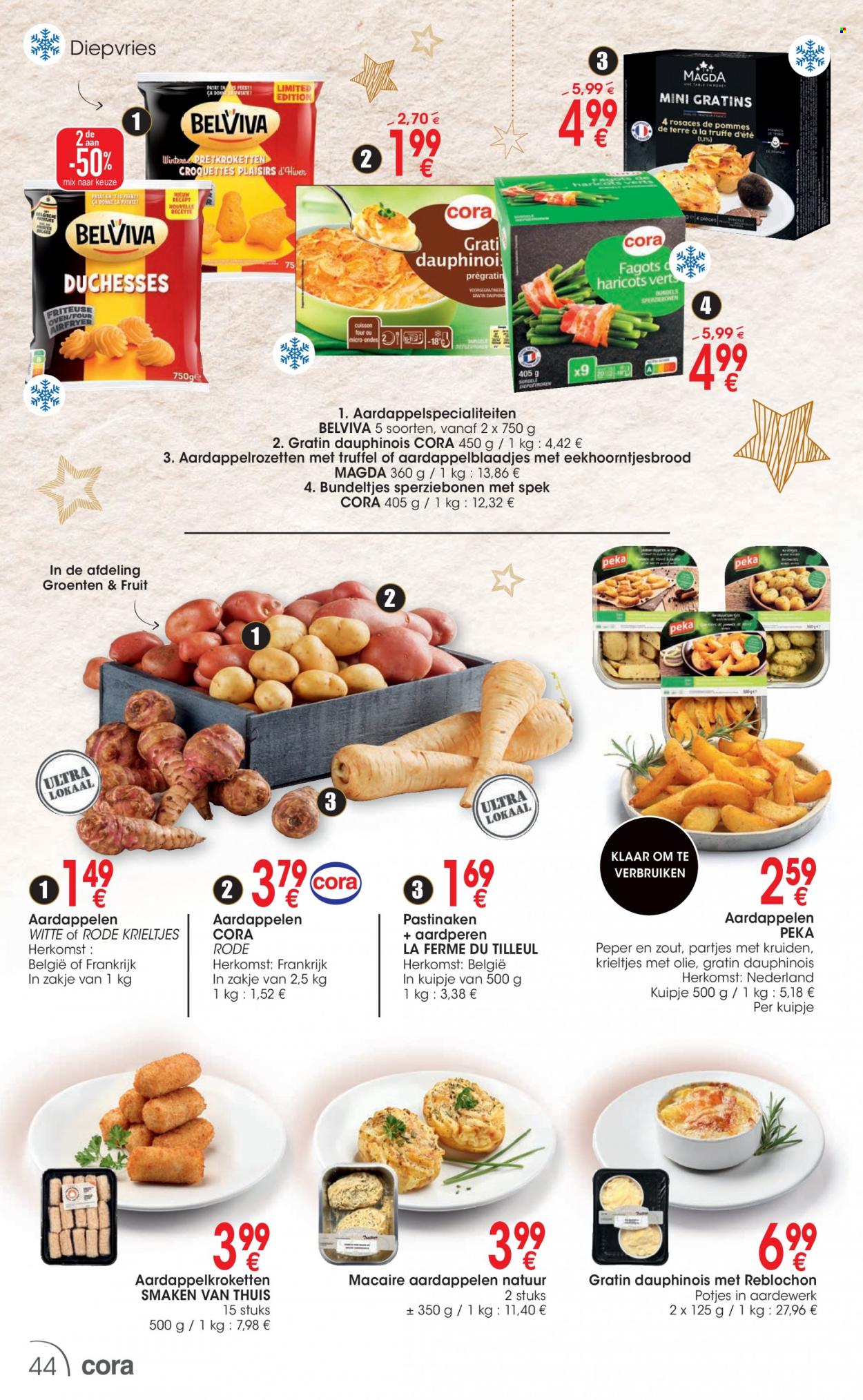 thumbnail - Cora-aanbieding - 06/12/2022 - 24/12/2022 -  producten in de aanbieding - eekhoorntjesbrood, truffel, aardappelen, krieltjes, reblochon, sperziebonen, Frankrijk. Pagina 44.
