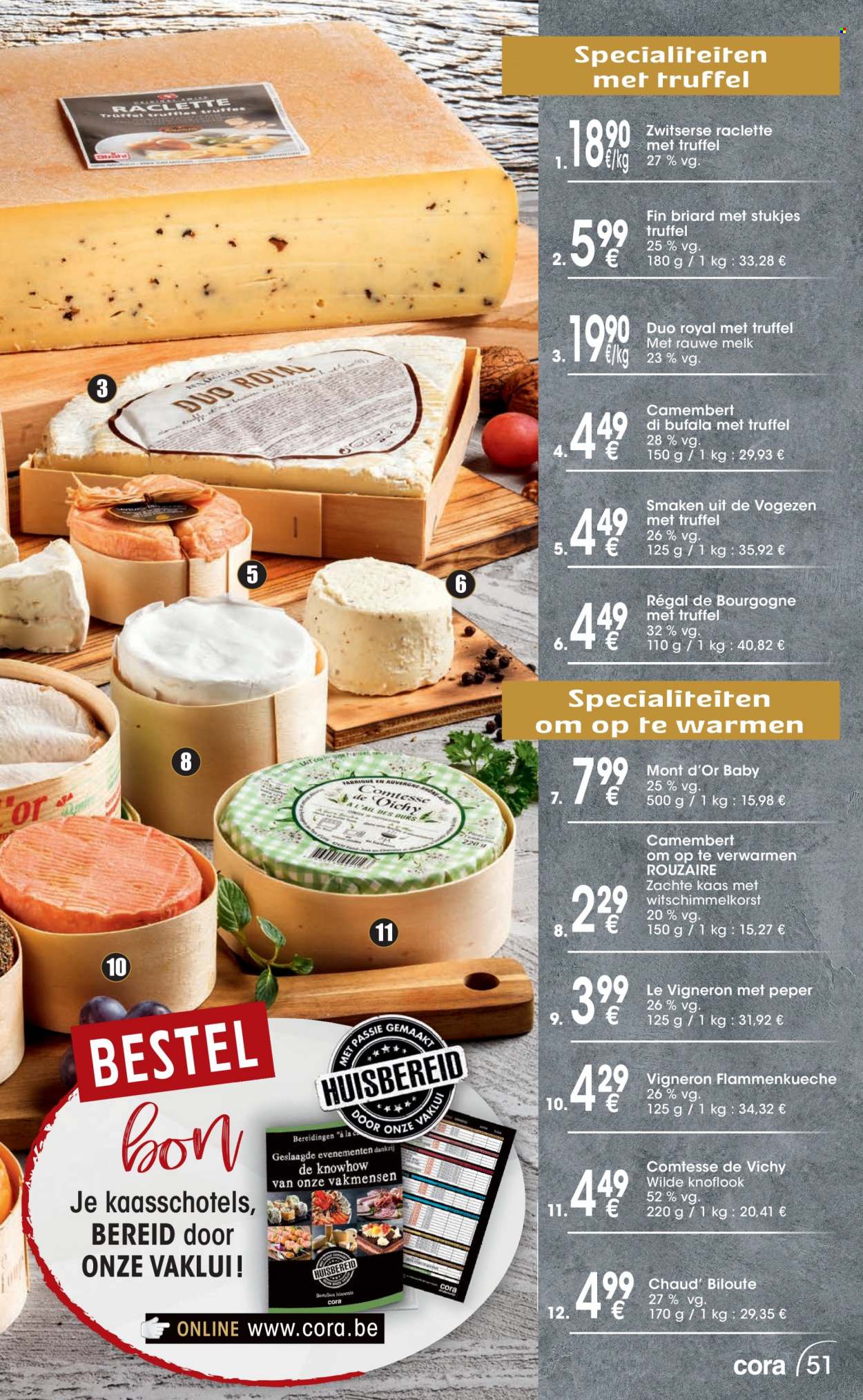 thumbnail - Cora-aanbieding - 06/12/2022 - 24/12/2022 -  producten in de aanbieding - truffel, Vichy, knoflook, kaas, Camembert, melk. Pagina 51.