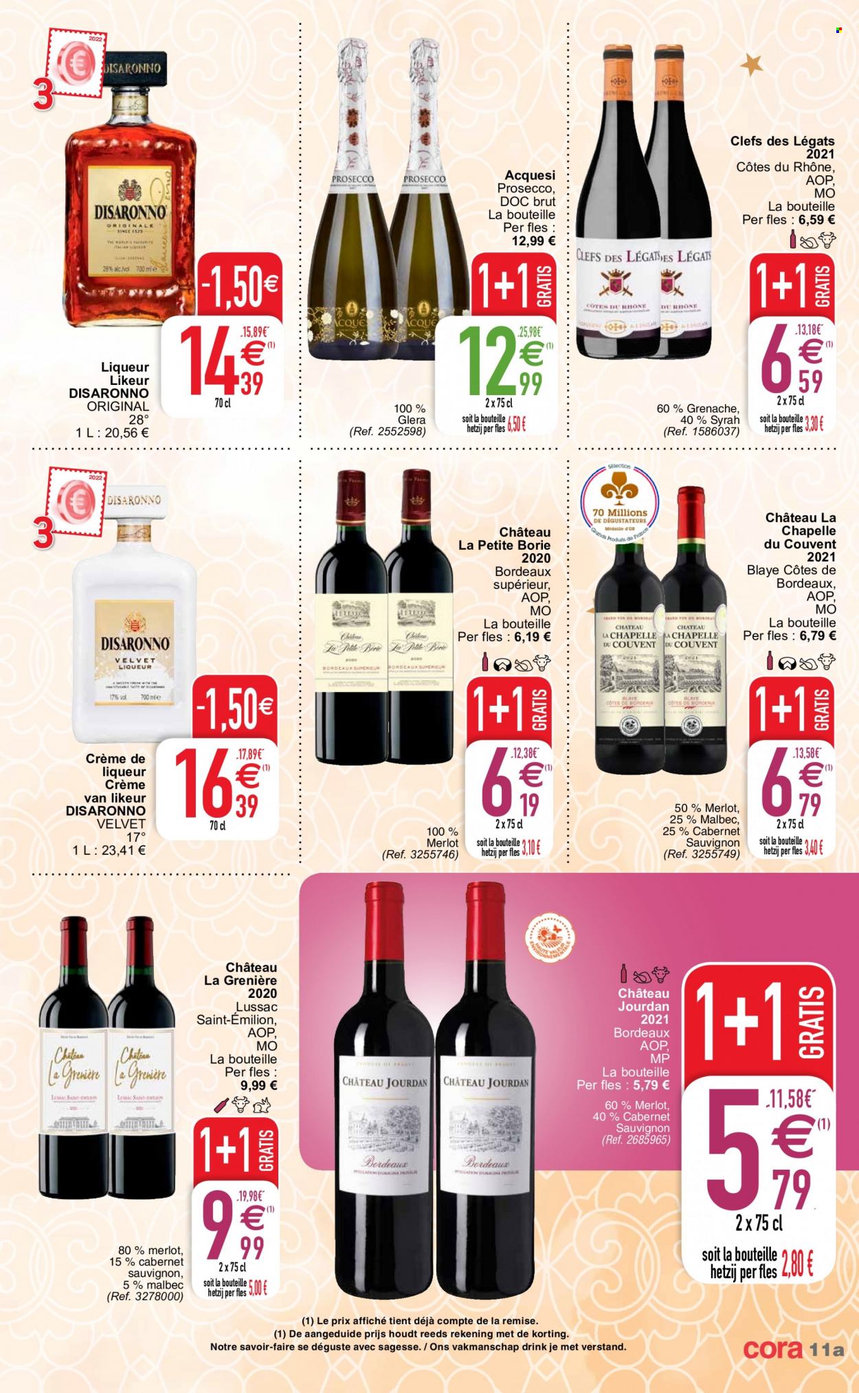 thumbnail - Cora-aanbieding - 06/12/2022 - 12/12/2022 -  producten in de aanbieding - crème, Cabernet Sauvignon, Merlot, prosecco, Côtes du Rhône, Bordeaux, Syrah, liqueur. Pagina 11.