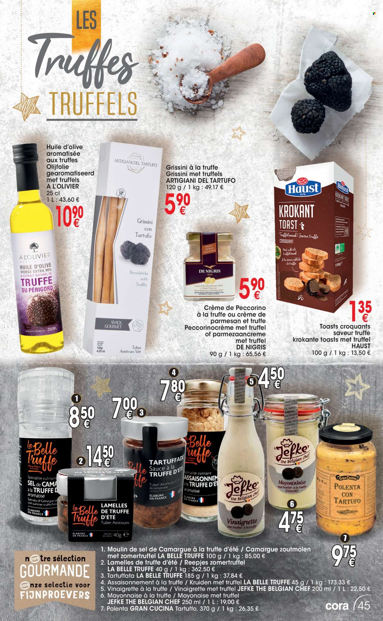 thumbnail - Cora-aanbieding - 06/12/2022 - 24/12/2022 -  producten in de aanbieding - truffel, parmezaanse kaas, crème, mayonaise, vinaigrette, polenta, olijfolie. Pagina 45.