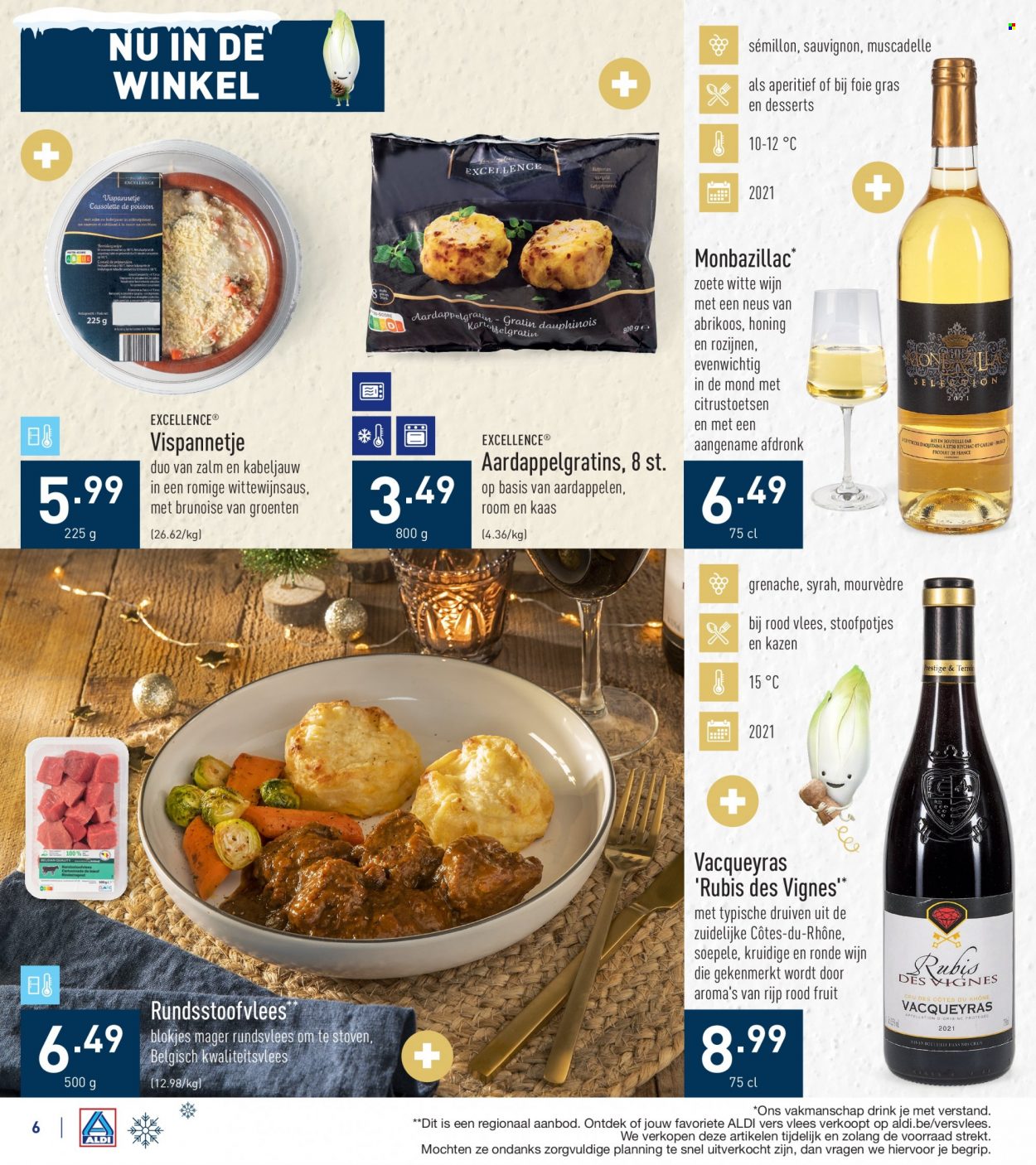 thumbnail - ALDI-aanbieding - 10/12/2022 - 16/12/2022 -  producten in de aanbieding - aardappelen, kabeljauw, aardappelgratin, kaas, room, rozijnen, witte wijn, zoete witte wijn, Syrah. Pagina 6.