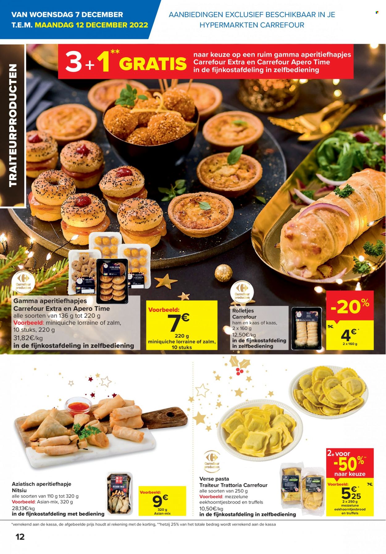 thumbnail - Carrefour hypermarkt-aanbieding - 07/12/2022 - 02/01/2023 -  producten in de aanbieding - eekhoorntjesbrood, Gamma, rolletjes, zalm, ham, aperitiefhapjes, kaas, pasta. Pagina 12.