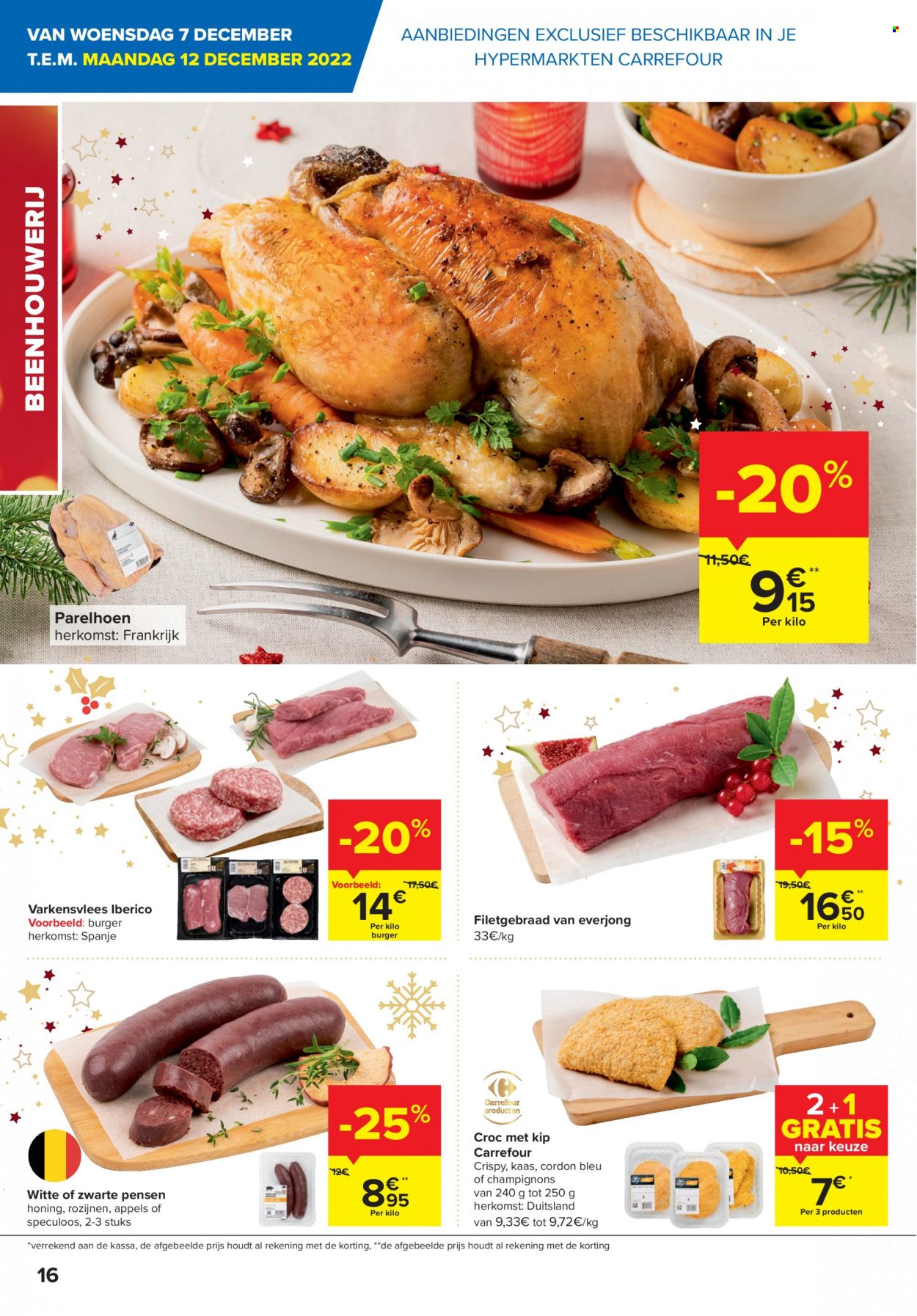 thumbnail - Carrefour hypermarkt-aanbieding - 07/12/2022 - 02/01/2023 -  producten in de aanbieding - champignons, varkensvlees, appels, parelhoen, Cordon Bleu, kaas, Speculoos, Spekulatius, rozijnen, Frankrijk. Pagina 16.