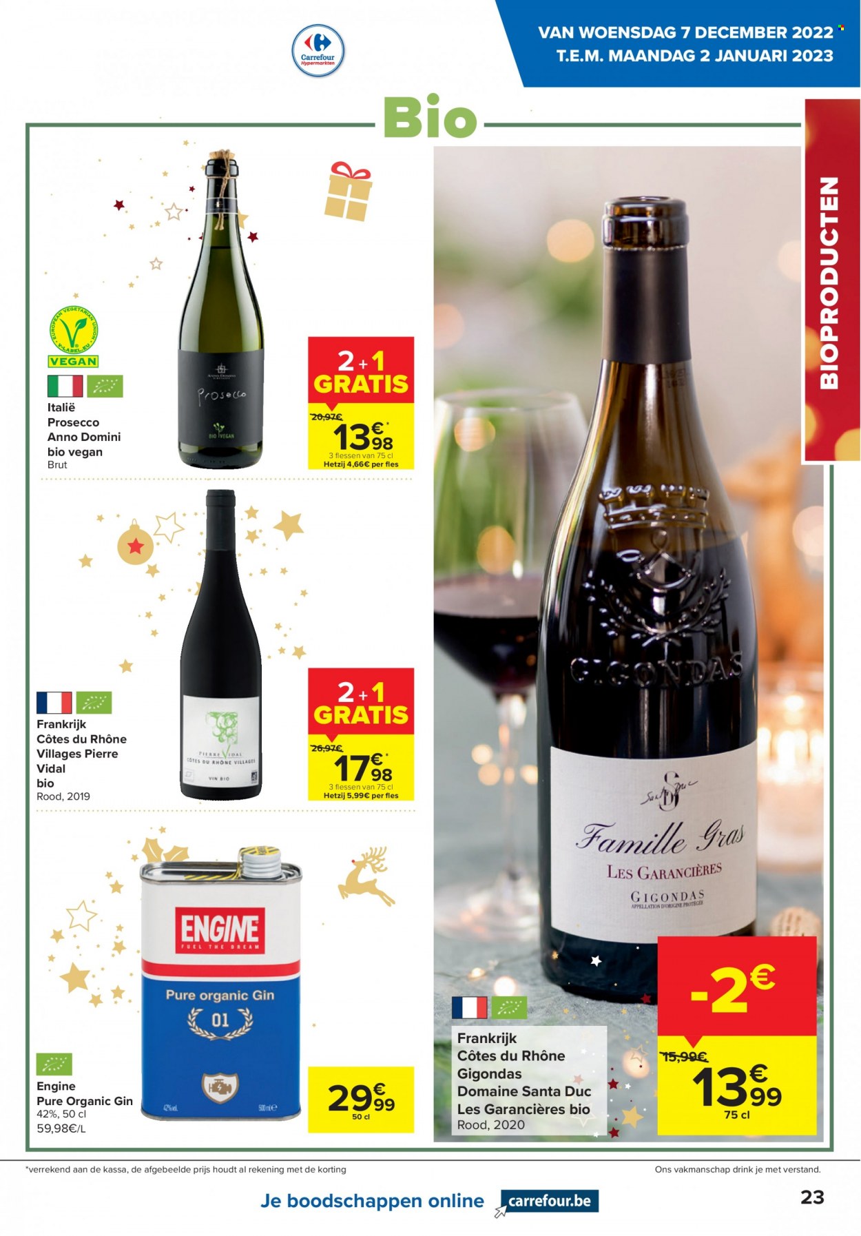 thumbnail - Carrefour hypermarkt-aanbieding - 07/12/2022 - 02/01/2023 -  producten in de aanbieding - prosecco, Côtes du Rhône, Frankrijk, gin. Pagina 23.