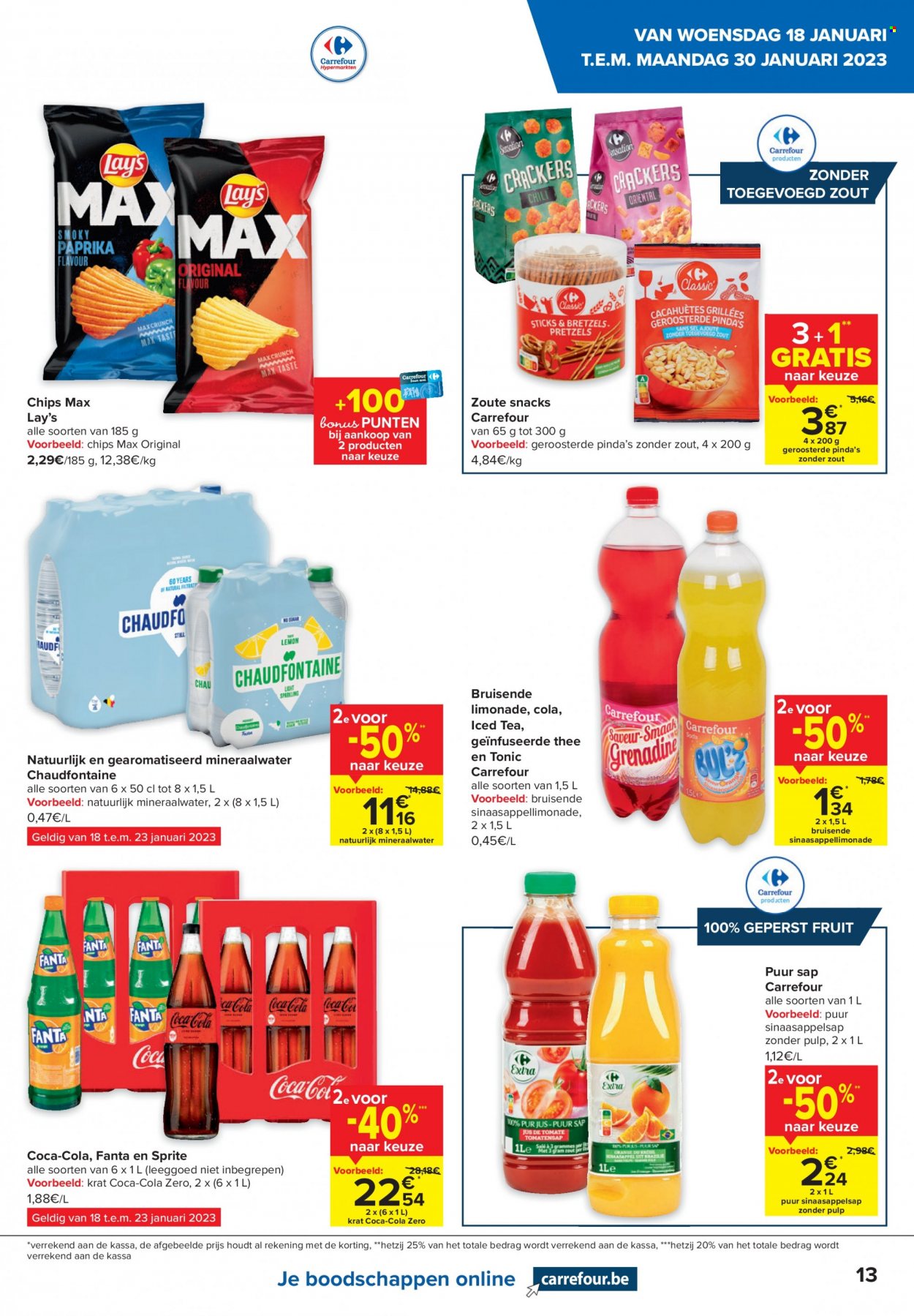 thumbnail - Carrefour hypermarkt-aanbieding - 18/01/2023 - 23/01/2023 -  producten in de aanbieding - pinda's, chips, sinaasappelsap, Sprite, Fanta, Coca-Cola, mineraalwater, chaudfontaine, thee. Pagina 13.