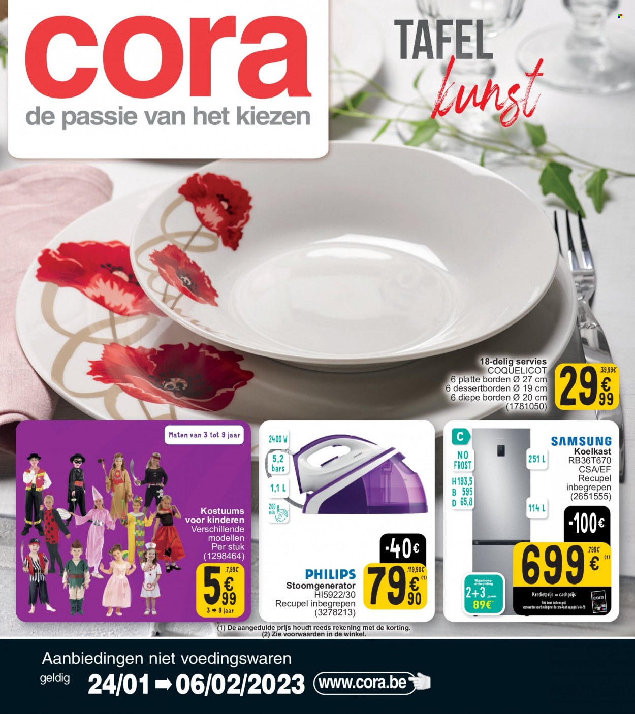 thumbnail - Cora-aanbieding - 24/01/2023 - 06/02/2023 -  producten in de aanbieding - Samsung, Philips, koelkast, stoomgenerator, tafel. Pagina 1.