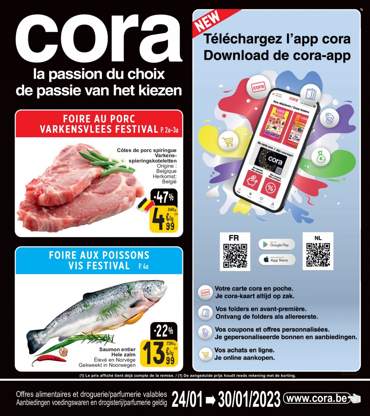 Cora-aanbieding - 24/01/2023 - 30/01/2023 -  producten in de aanbieding - varkensvlees, zalm, messen. Pagina 1.
