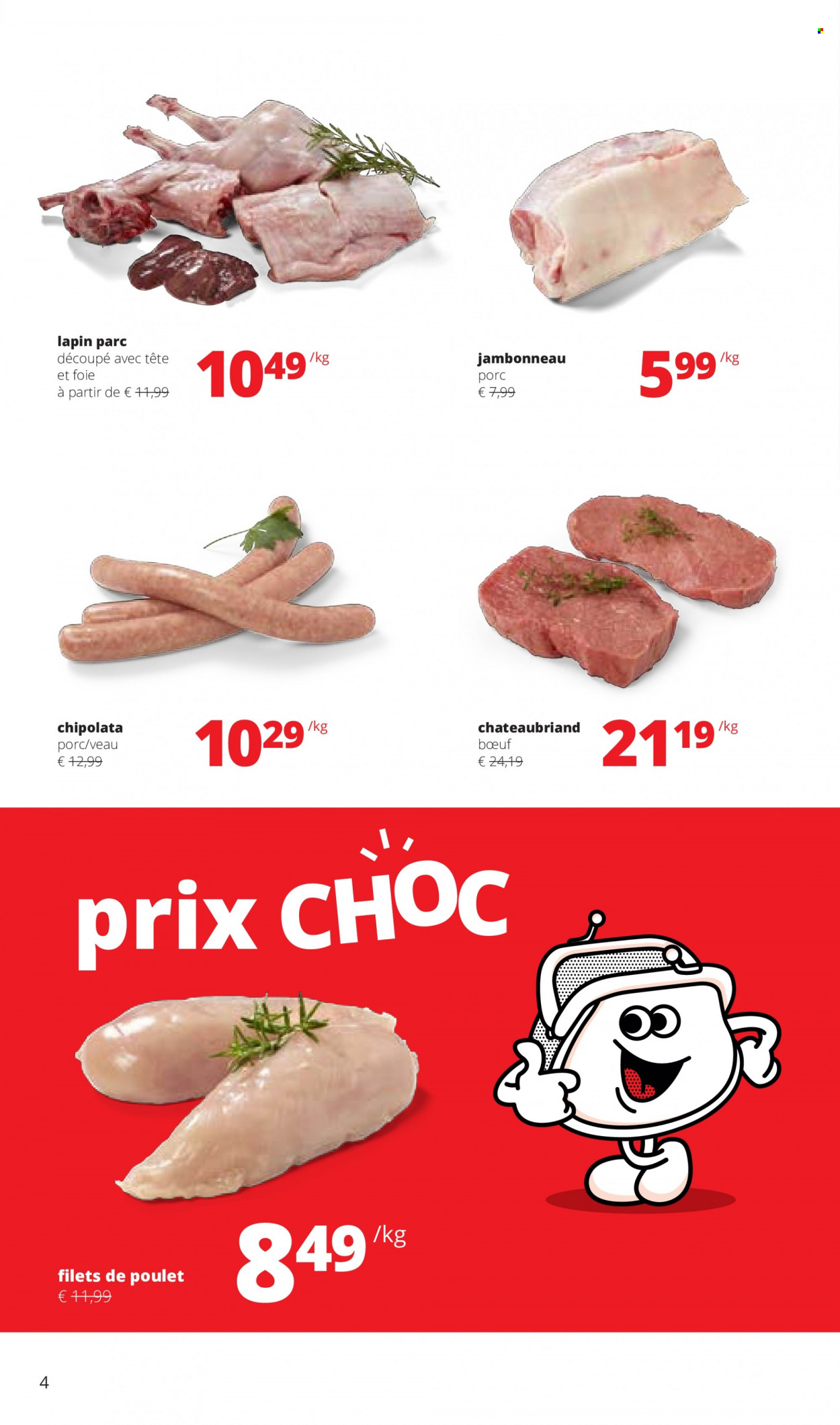 thumbnail - Catalogue SPAR - 26/01/2023 - 08/02/2023 - Produits soldés - jambonneau, filet de poulet, viande de poulet, viande de veau, chipolata. Page 4.