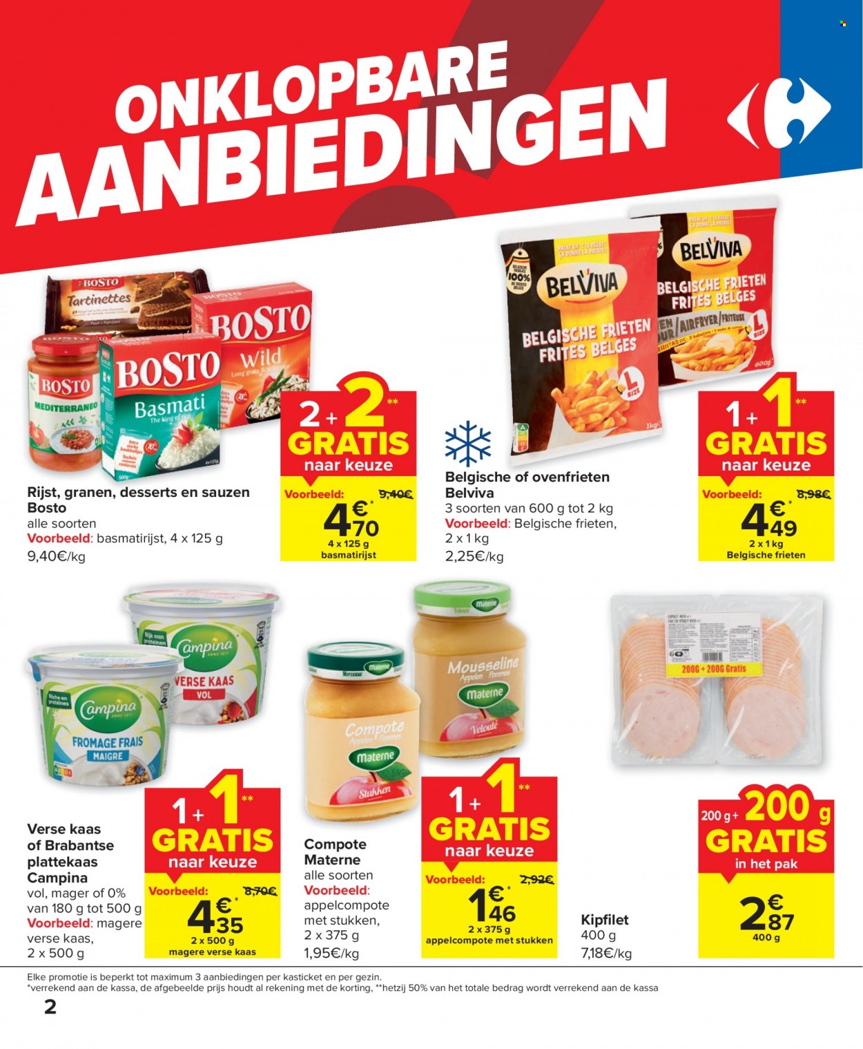 thumbnail - Carrefour-aanbieding - 25/01/2023 - 06/02/2023 -  producten in de aanbieding - kipfilet, kaas, Campina, appelcompote, basmatirijst, rijst. Pagina 2.