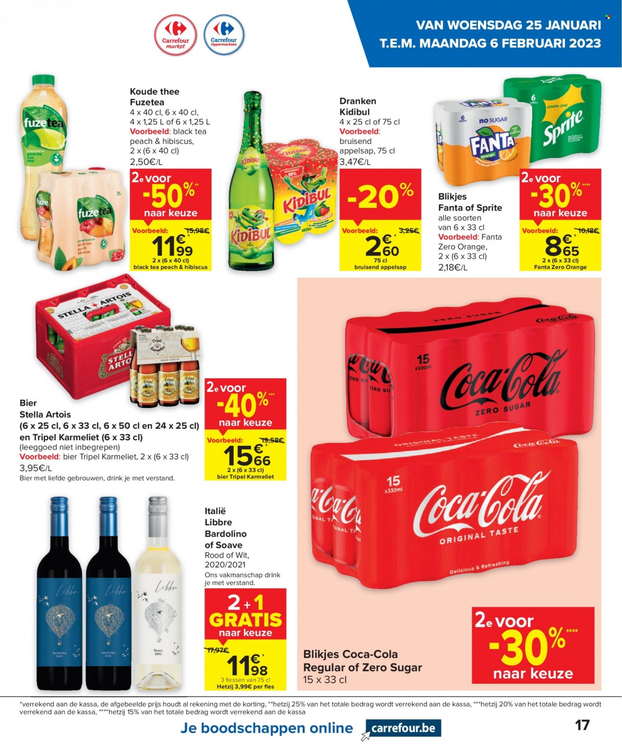 thumbnail - Carrefour-aanbieding - 25/01/2023 - 06/02/2023 -  producten in de aanbieding - Stella Artois, bier, appelsap, Sprite, Fanta, Coca-Cola, thee, fuzetea. Pagina 17.