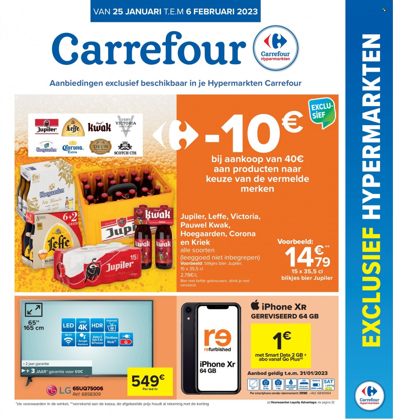 thumbnail - Carrefour hypermarkt-aanbieding - 25/01/2023 - 06/02/2023 -  producten in de aanbieding - Leffe, Jupiler, bier, smartphone, iPhone, iPhone XR, wifi, TV. Pagina 1.