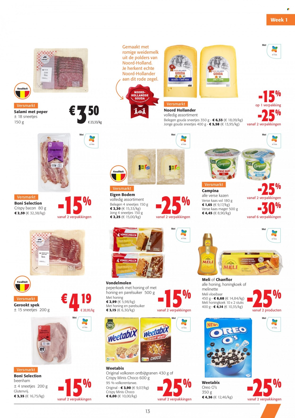 thumbnail - Colruyt-aanbieding - 25/01/2023 - 07/02/2023 -  producten in de aanbieding - beenham, salami, bacon, kaas, gouda, Campina, Oreo. Pagina 13.