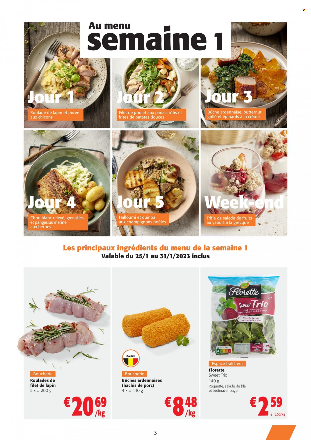 thumbnail - Catalogue Colruyt - 25/01/2023 - 07/02/2023 - Produits soldés - butternut, chou, chou blanc, roquette, filet de poulet, filet de panga, salade de fruits, yaourt, frites, poêle. Page 3.