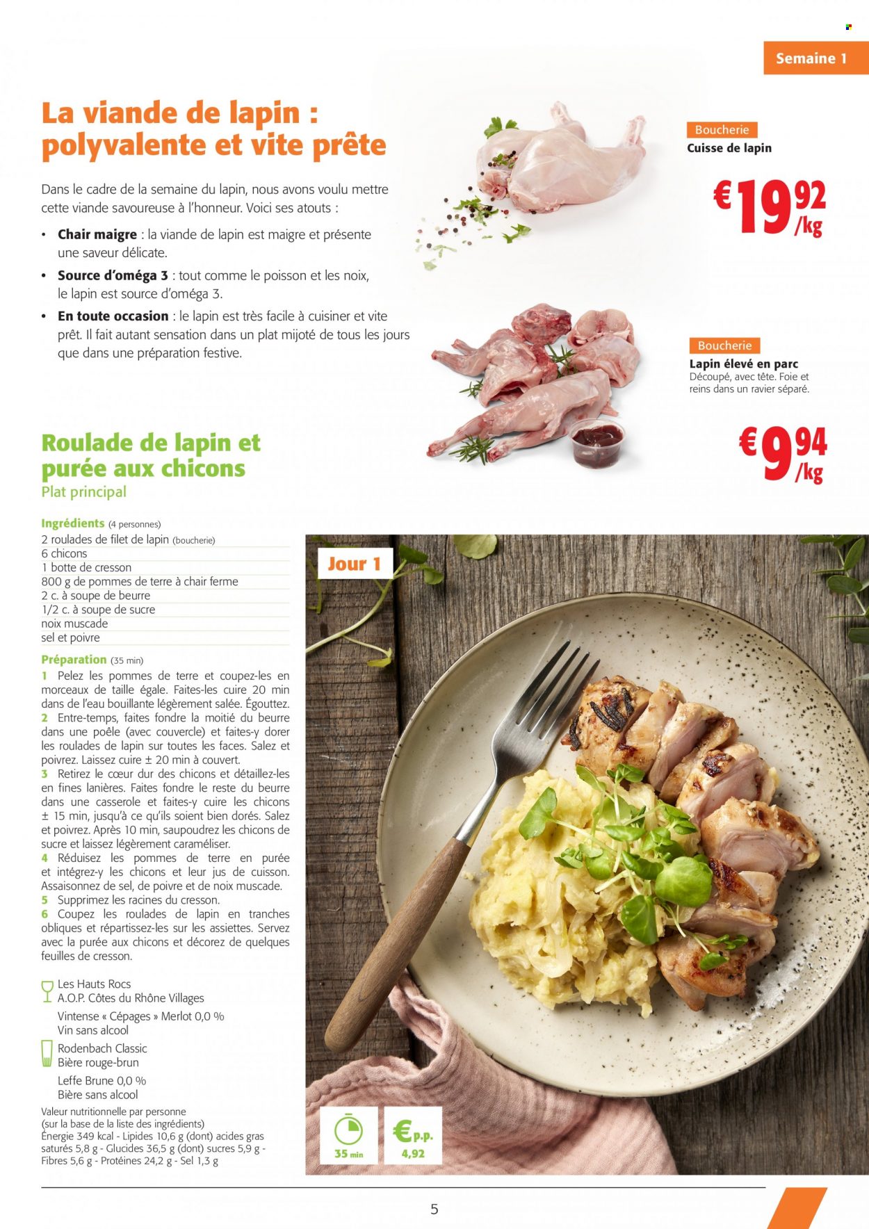 thumbnail - Catalogue Colruyt - 25/01/2023 - 07/02/2023 - Produits soldés - Leffe, viande de lapin, Côtes du Rhône, vin rouge, vin, bière non alcoolisée, assiette. Page 5.