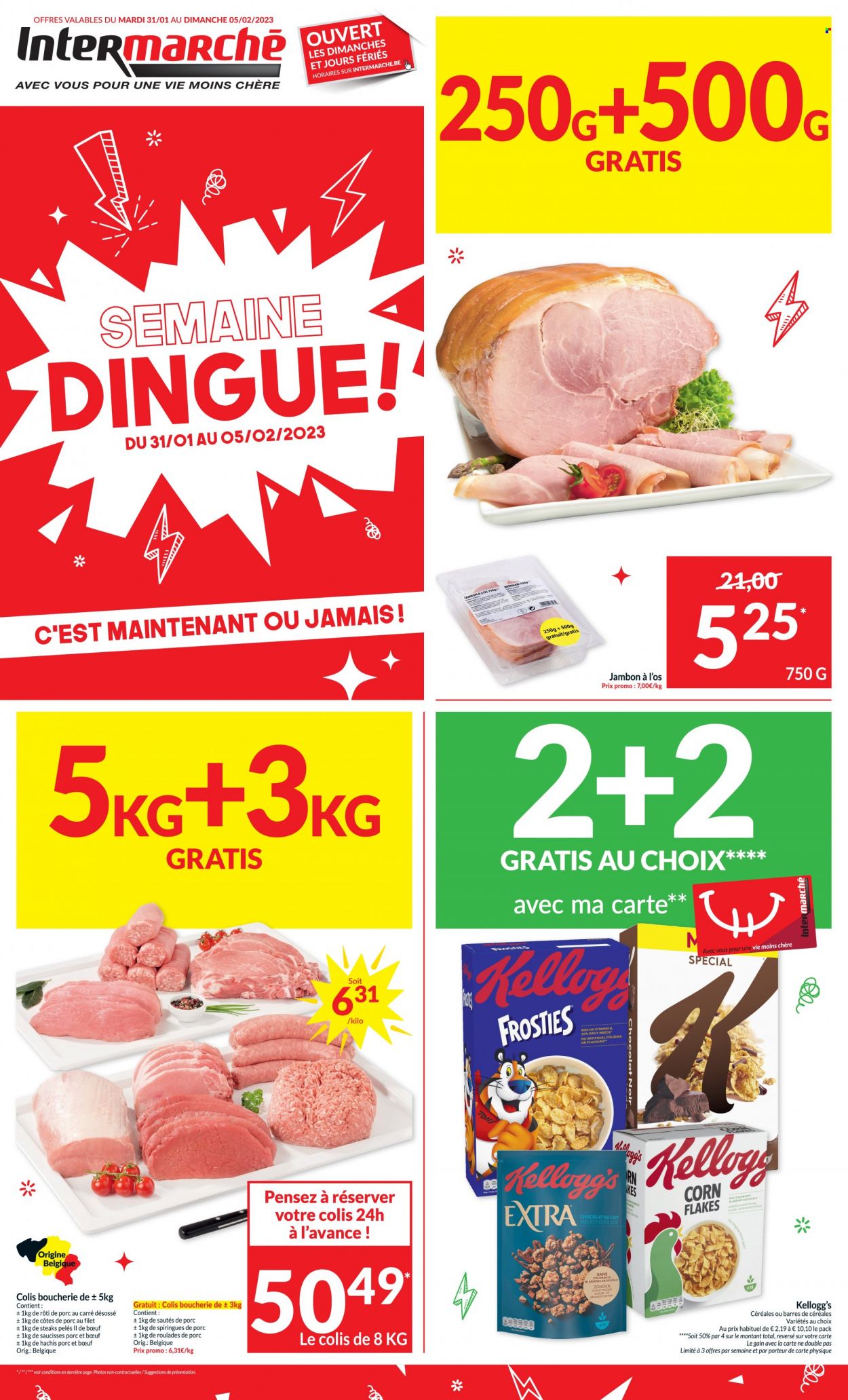 thumbnail - Catalogue Intermarché - 31/01/2023 - 05/02/2023 - Produits soldés - steak, côtes de porc, rôti de porc, viande de porc, jambon, saucisse, Kellogg's, chocolat au lait. Page 1.