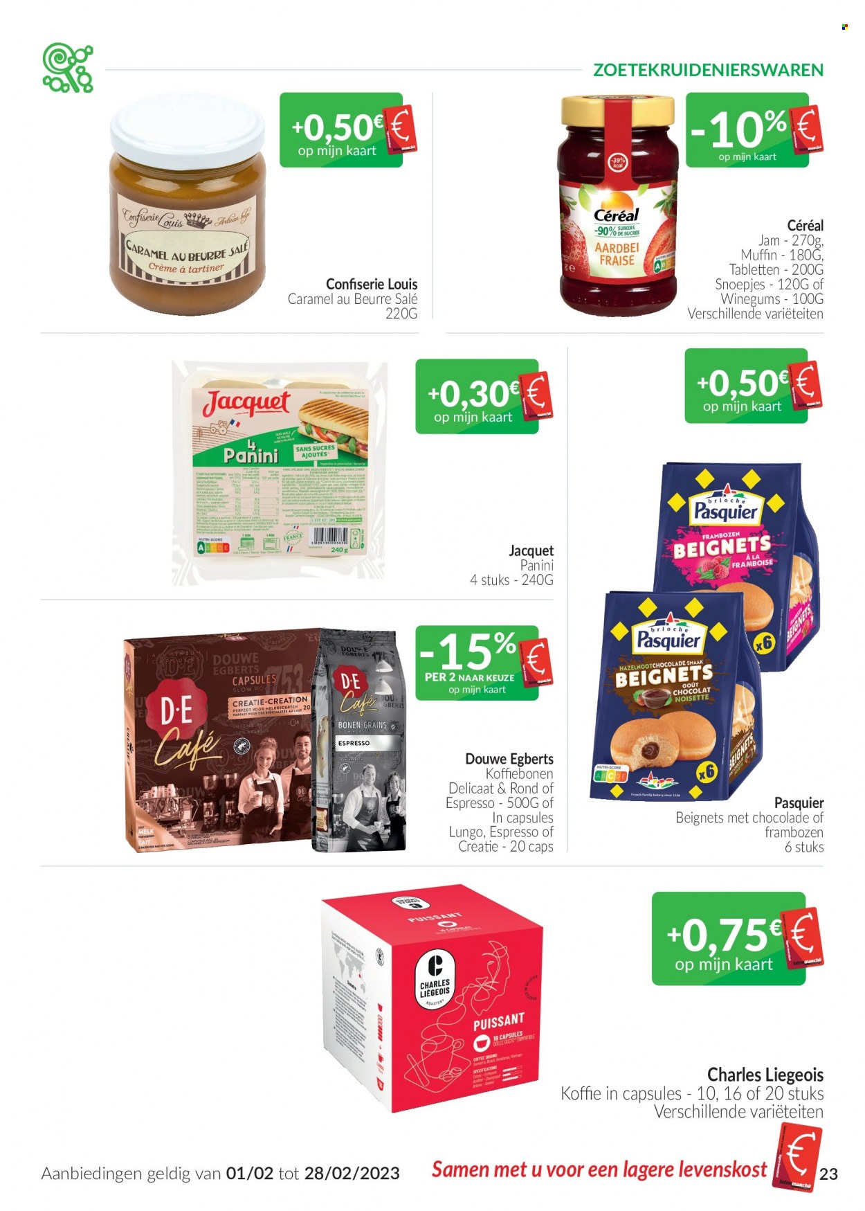 thumbnail - Intermarché-aanbieding - 01/02/2023 - 28/02/2023 -  producten in de aanbieding - brood, brioche, frambozen, crème, melk, Dolce Gusto, Douwe Egberts, koffie, Espresso, messen. Pagina 23.