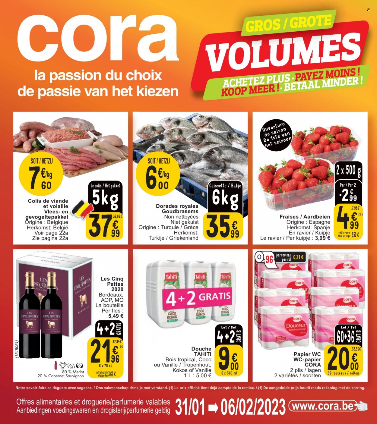 thumbnail - Cora-aanbieding - 31/01/2023 - 06/02/2023 -  producten in de aanbieding - aardbeien, Cabernet Sauvignon, Merlot, Bordeaux. Pagina 1.