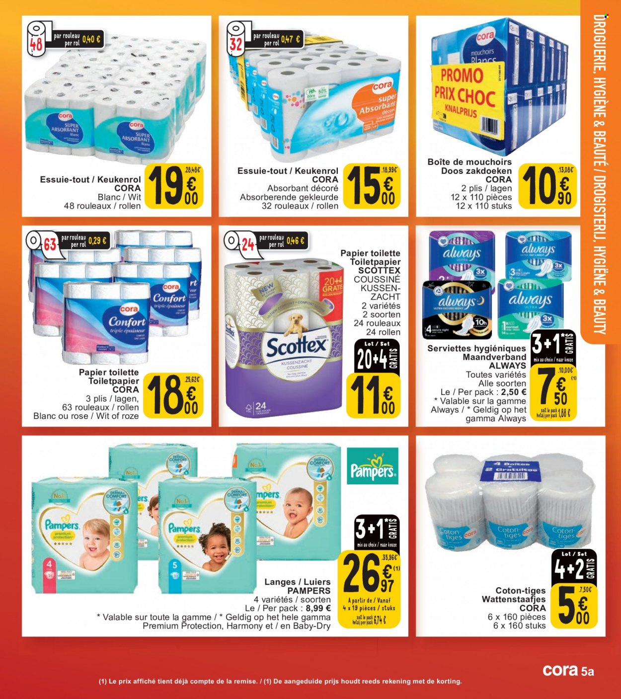 thumbnail - Catalogue Cora - 31/01/2023 - 06/02/2023 - Produits soldés - Pampers, mouchoirs, papier toilette, essuie-tout, Always, serviettes hygiéniques. Page 5.