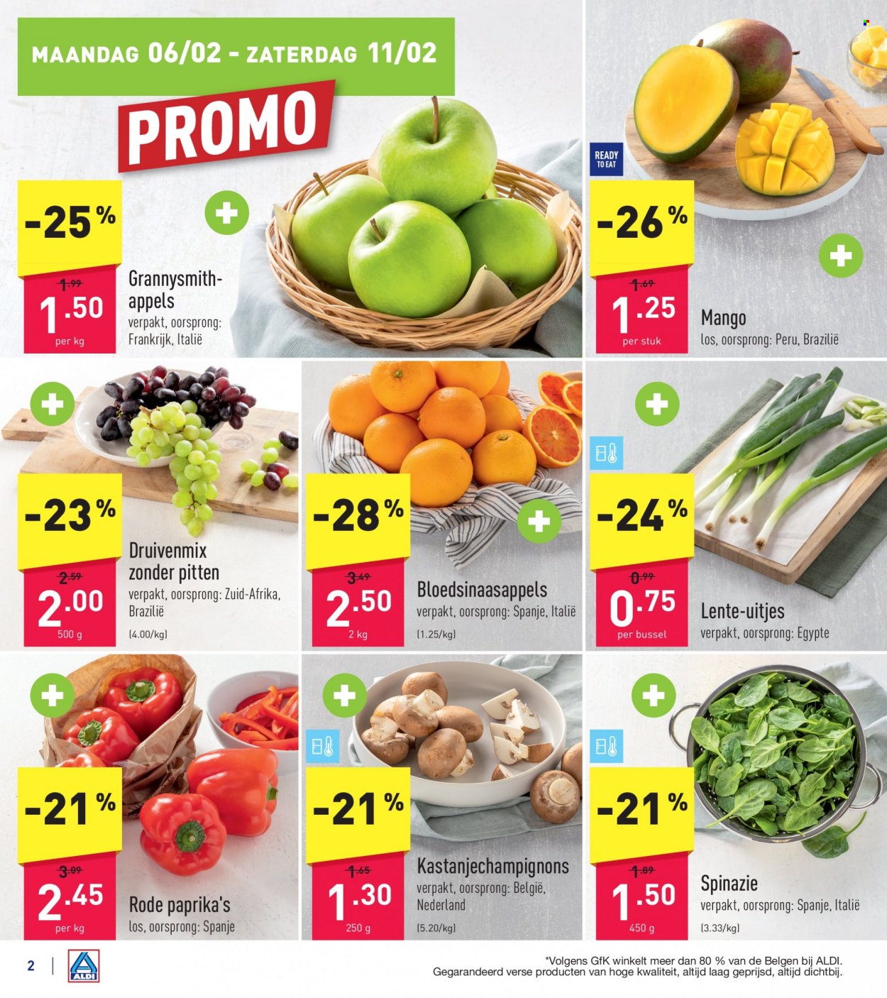 thumbnail - ALDI-aanbieding - 06/02/2023 - 11/02/2023 -  producten in de aanbieding - kastanjechampignons, lente-uitjes, spinazie, appels, mango, Frankrijk. Pagina 2.
