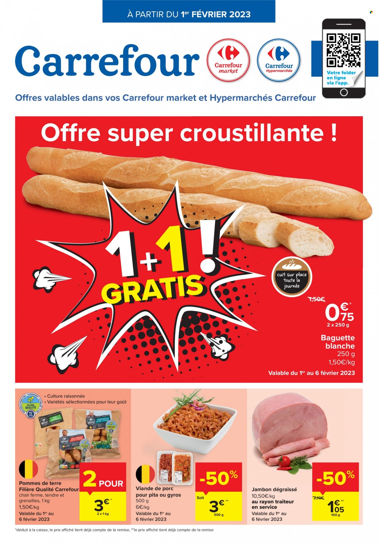thumbnail - Catalogue Carrefour - 01/02/2023 - 06/02/2023 - Produits soldés - viande de porc, pommes de terre, baguette, jambon. Page 1.