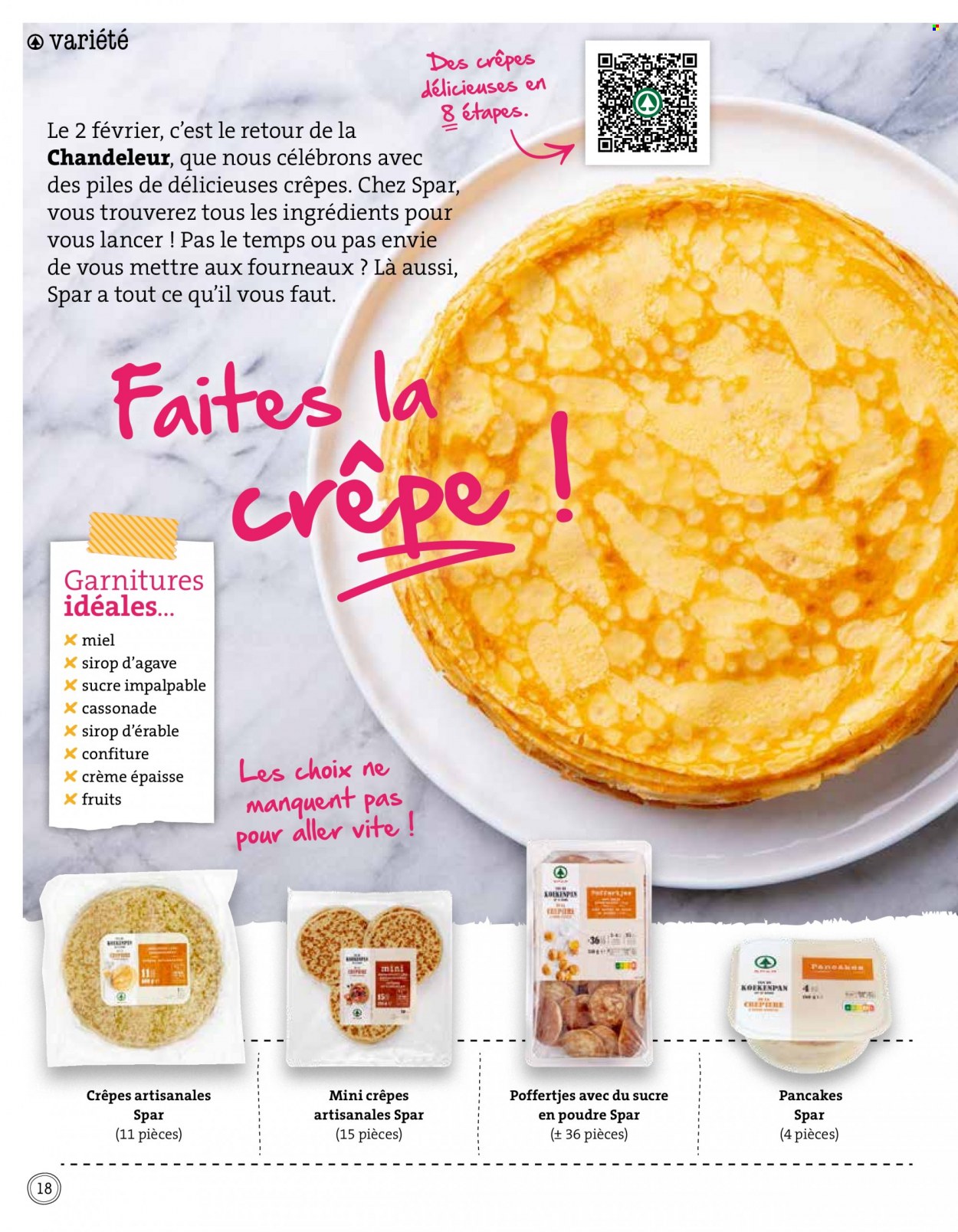 thumbnail - Catalogue SPAR - 01/02/2023 - 28/02/2023 - Produits soldés - crêpes, crème épaisse, sucre en poudre, confiture, sirop, sirop d’agave, miel. Page 18.