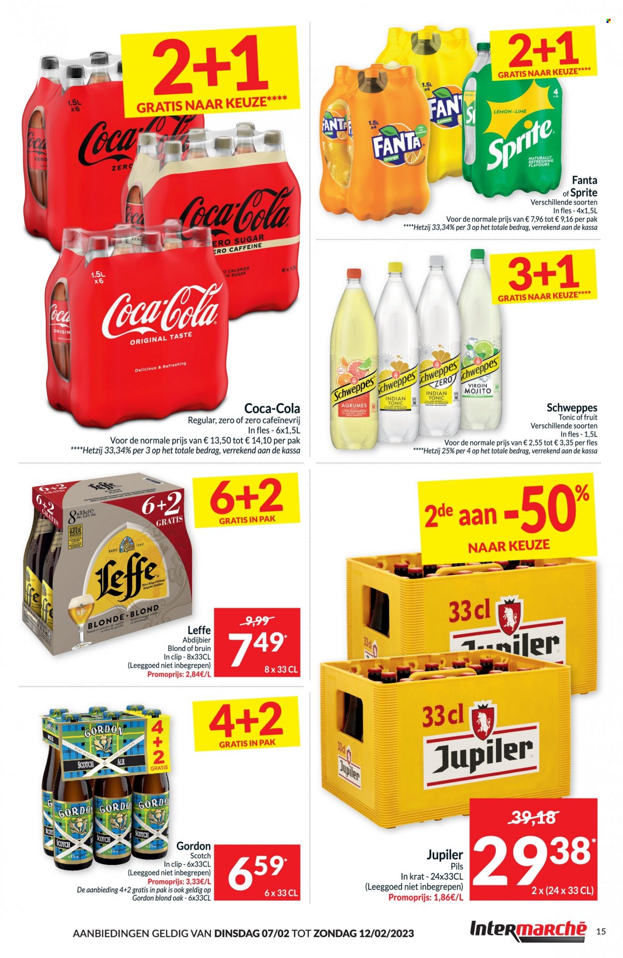thumbnail - Intermarché-aanbieding - 07/02/2023 - 12/02/2023 -  producten in de aanbieding - Leffe, Jupiler, bier, kruidnagel, kruidnagels, Sprite, Schweppes, Fanta, Coca-Cola. Pagina 15.
