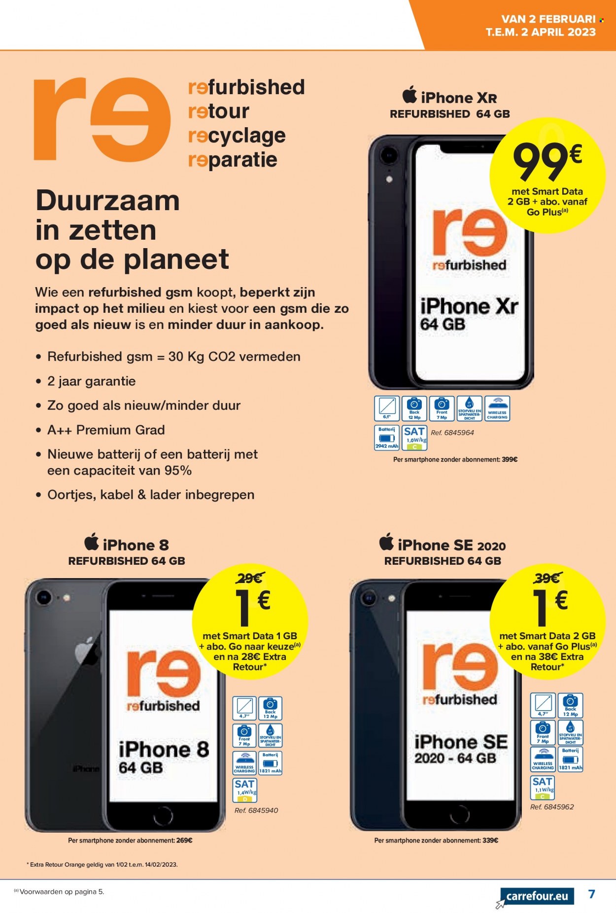 thumbnail - Carrefour hypermarkt-aanbieding - 02/02/2023 - 02/04/2023 -  producten in de aanbieding - iPhone 8, smartphone, iPhone, iPhone XR, iPhone SE. Pagina 7.