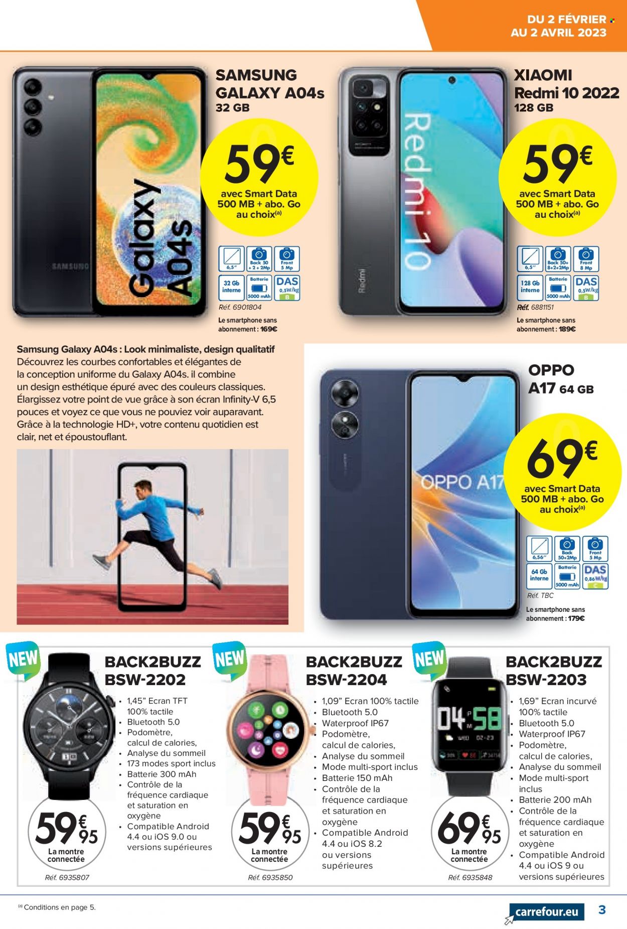 thumbnail - Catalogue Carrefour hypermarkt - 02/02/2023 - 02/04/2023 - Produits soldés - Samsung, Xiaomi, smartphone, Oppo, montre, montre connectée. Page 3.