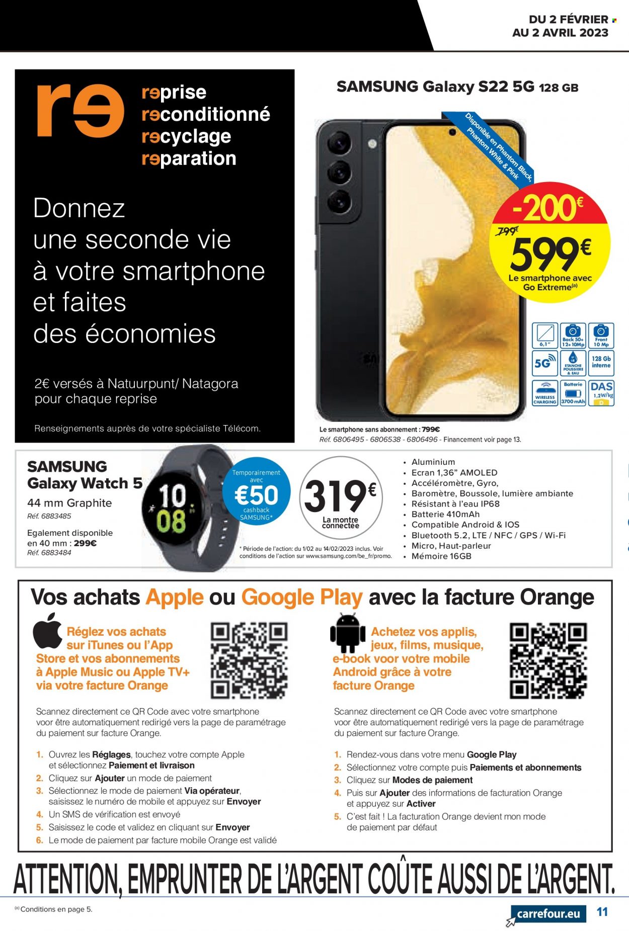 thumbnail - Catalogue Carrefour hypermarkt - 02/02/2023 - 02/04/2023 - Produits soldés - Samsung, Apple, montre, montre connectée. Page 11.