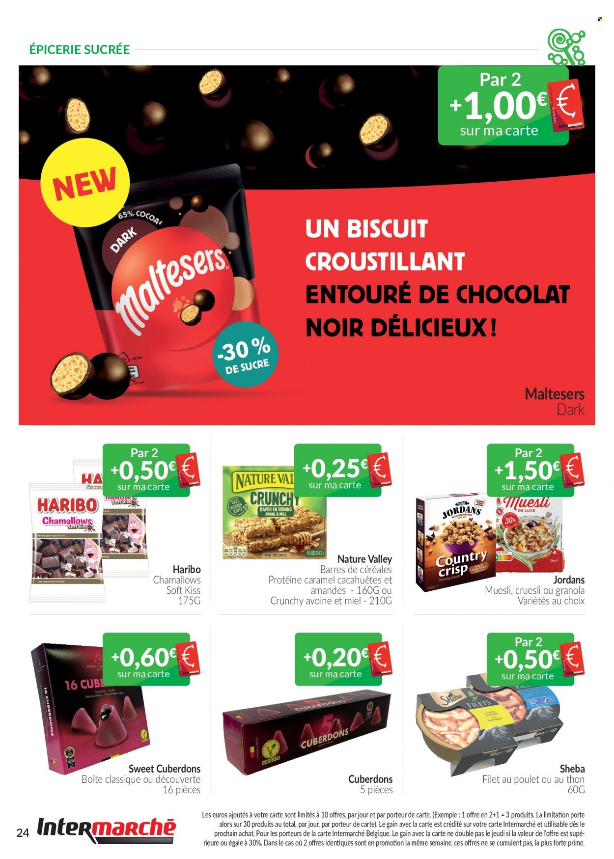 thumbnail - Catalogue Intermarché - 01/03/2023 - 31/03/2023 - Produits soldés - cacahuètes, biscuits, Jordans, miel, granola, Sheba. Page 24.