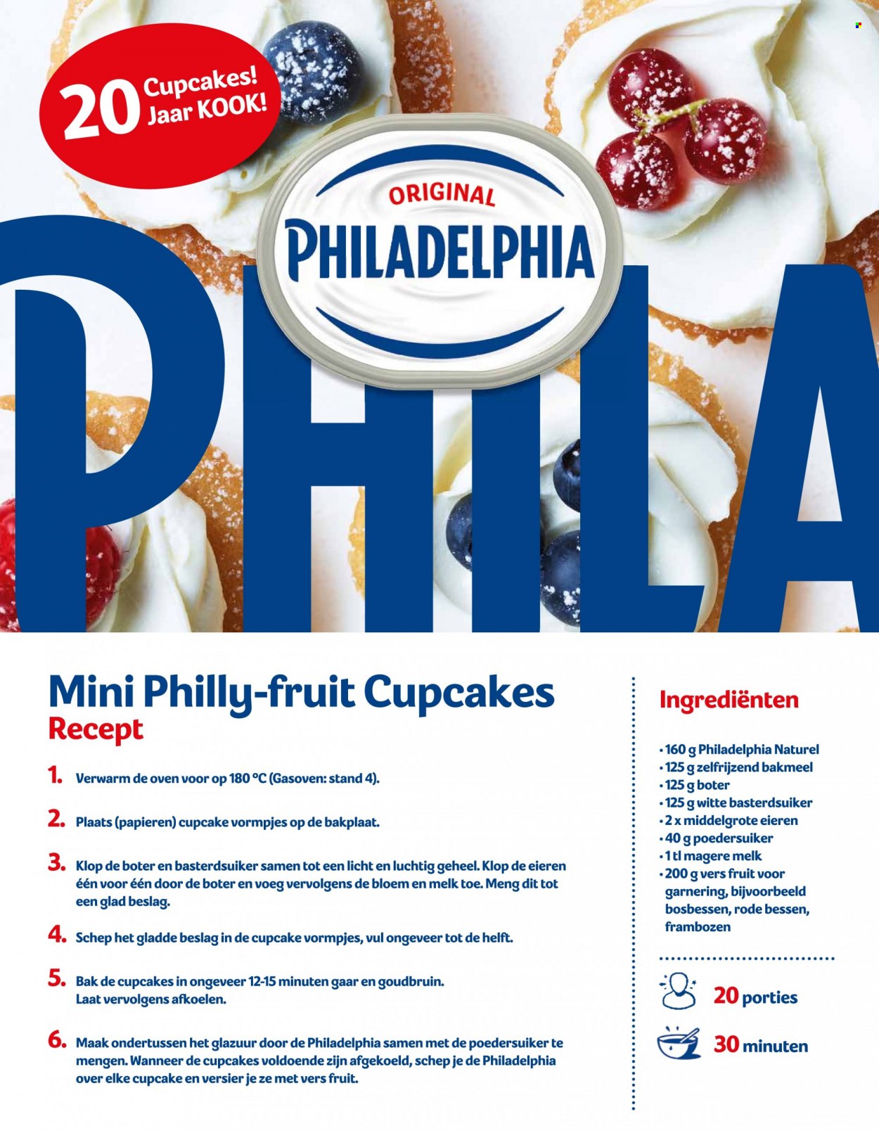 thumbnail - SPAR-aanbieding - 01/03/2023 - 31/03/2023 -  producten in de aanbieding - cupcakes, bessen, rode bessen, frambozen, bosbessen, Philadelphia, melk, basterdsuiker, poedersuiker, witte basterdsuiker, zelfrijzend bakmeel. Pagina 34.