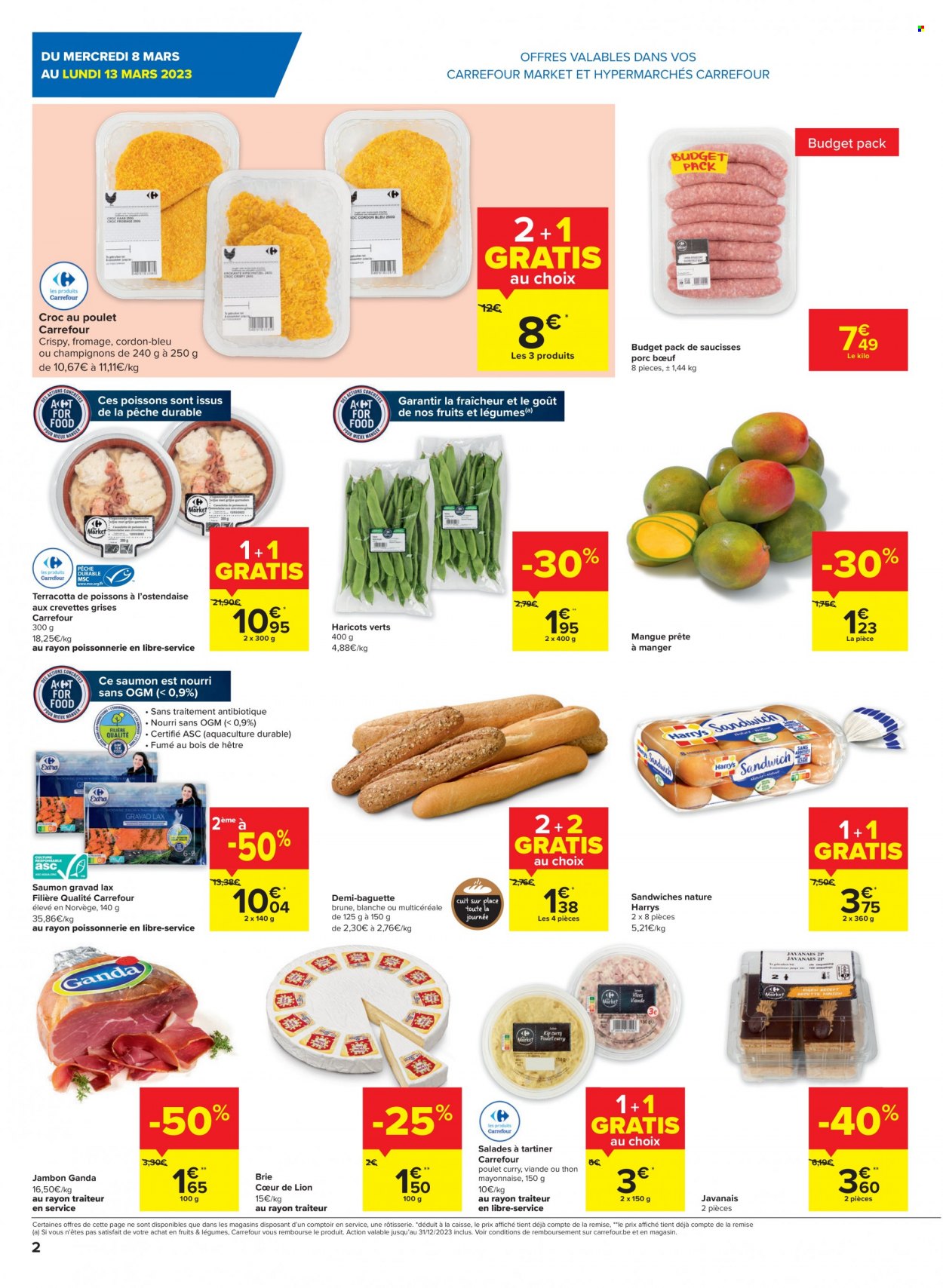 thumbnail - Catalogue Carrefour - 08/03/2023 - 20/03/2023 - Produits soldés - viande, haricots, mangue, baguette, jambon, saucisse, Brie, fromage. Page 2.