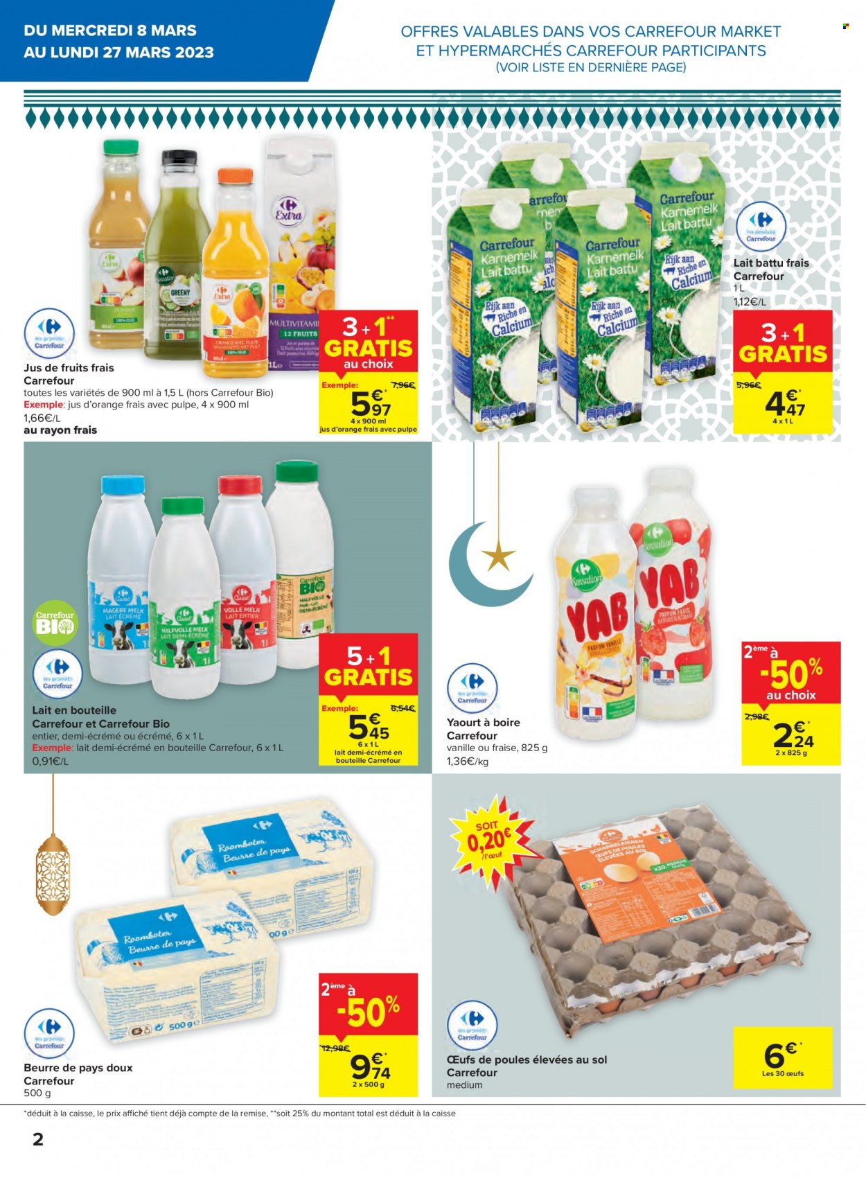 thumbnail - Catalogue Carrefour - 08/03/2023 - 27/03/2023 - Produits soldés - yaourt, lait, lait demi-écrémé, œufs, jus, jus d'orange. Page 2.