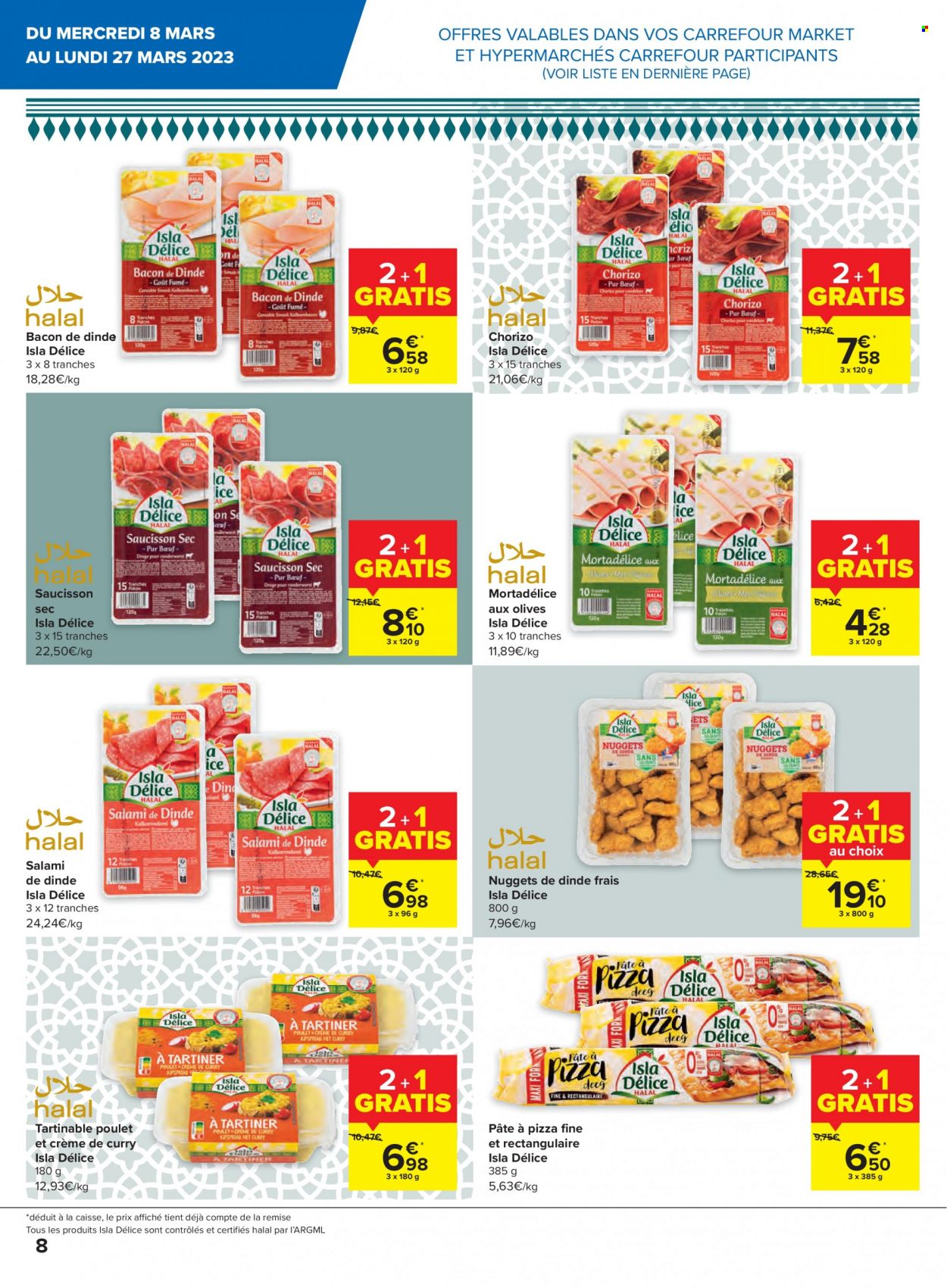 thumbnail - Catalogue Carrefour - 08/03/2023 - 27/03/2023 - Produits soldés - nuggets de dinde, chorizo, bacon, saucisson, pâte à pizza, curry. Page 8.