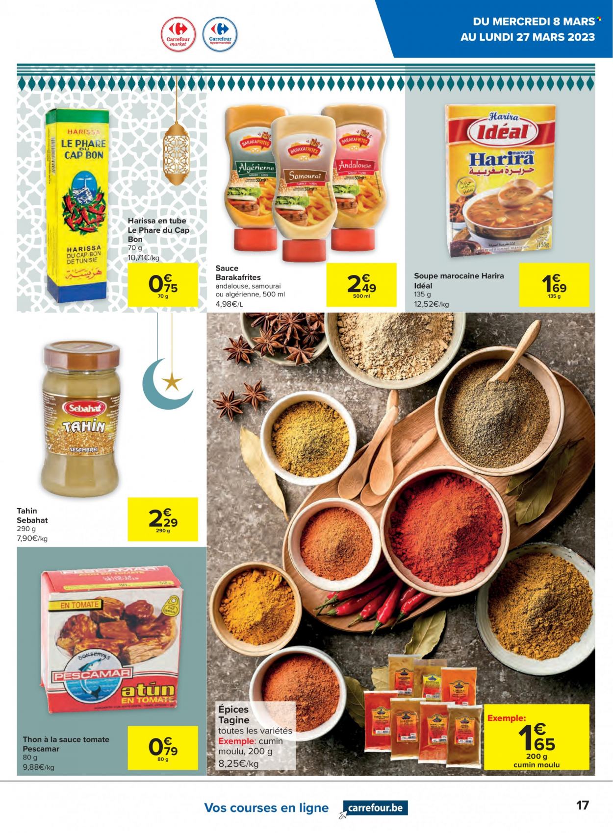 thumbnail - Catalogue Carrefour - 08/03/2023 - 27/03/2023 - Produits soldés - thon, soupe, harissa, cumin. Page 17.
