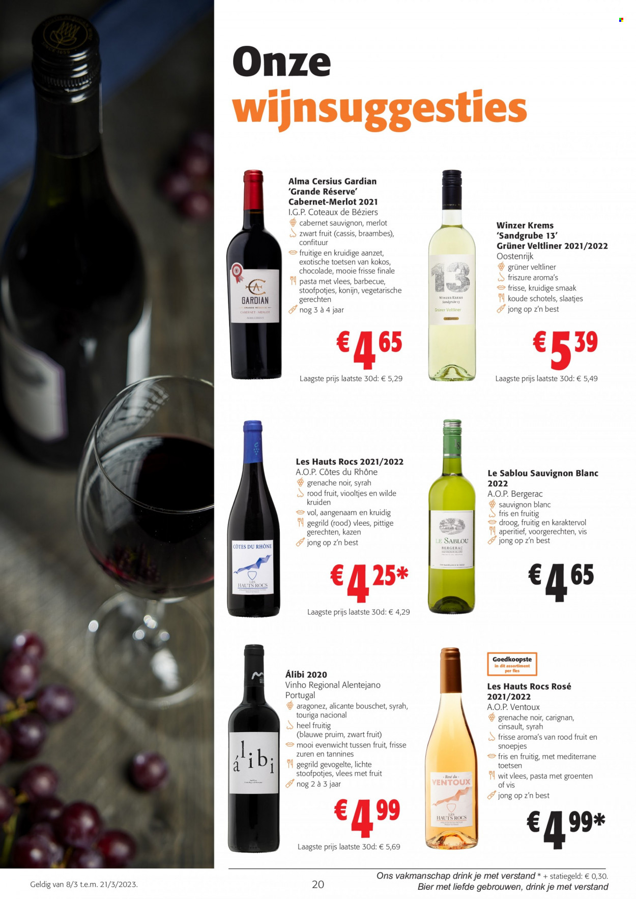 thumbnail - Catalogue Colruyt - 08/03/2023 - 21/03/2023 - Produits soldés - Côtes du Rhône, vin blanc, vin rouge, vin, alcool, Cabernet Sauvignon, barbecue, Sauvignon Blanc. Page 20.