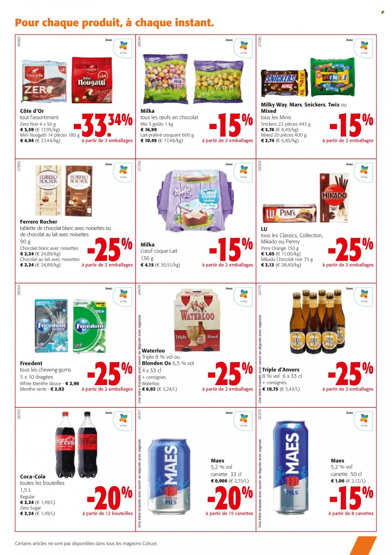 thumbnail - Catalogue Colruyt - 08/03/2023 - 21/03/2023 - Produits soldés - Milka, œufs, Ferrero Rocher, chocolat, pralinés, Mikado, Côte d'Or, Twix, LU, menthe, Coca-Cola. Page 5.