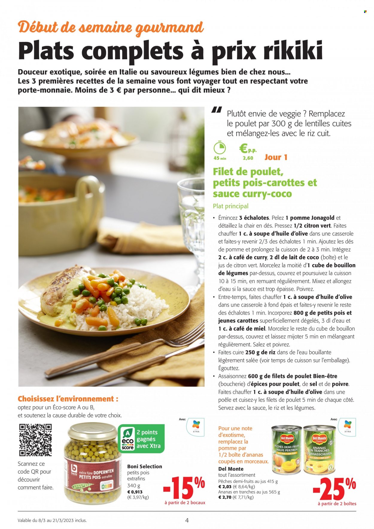 thumbnail - Catalogue Colruyt - 08/03/2023 - 21/03/2023 - Produits soldés - échalotes, filet de poulet, viande de poulet, Boni, lait de coco, petit pois, bouillon, bocal. Page 4.