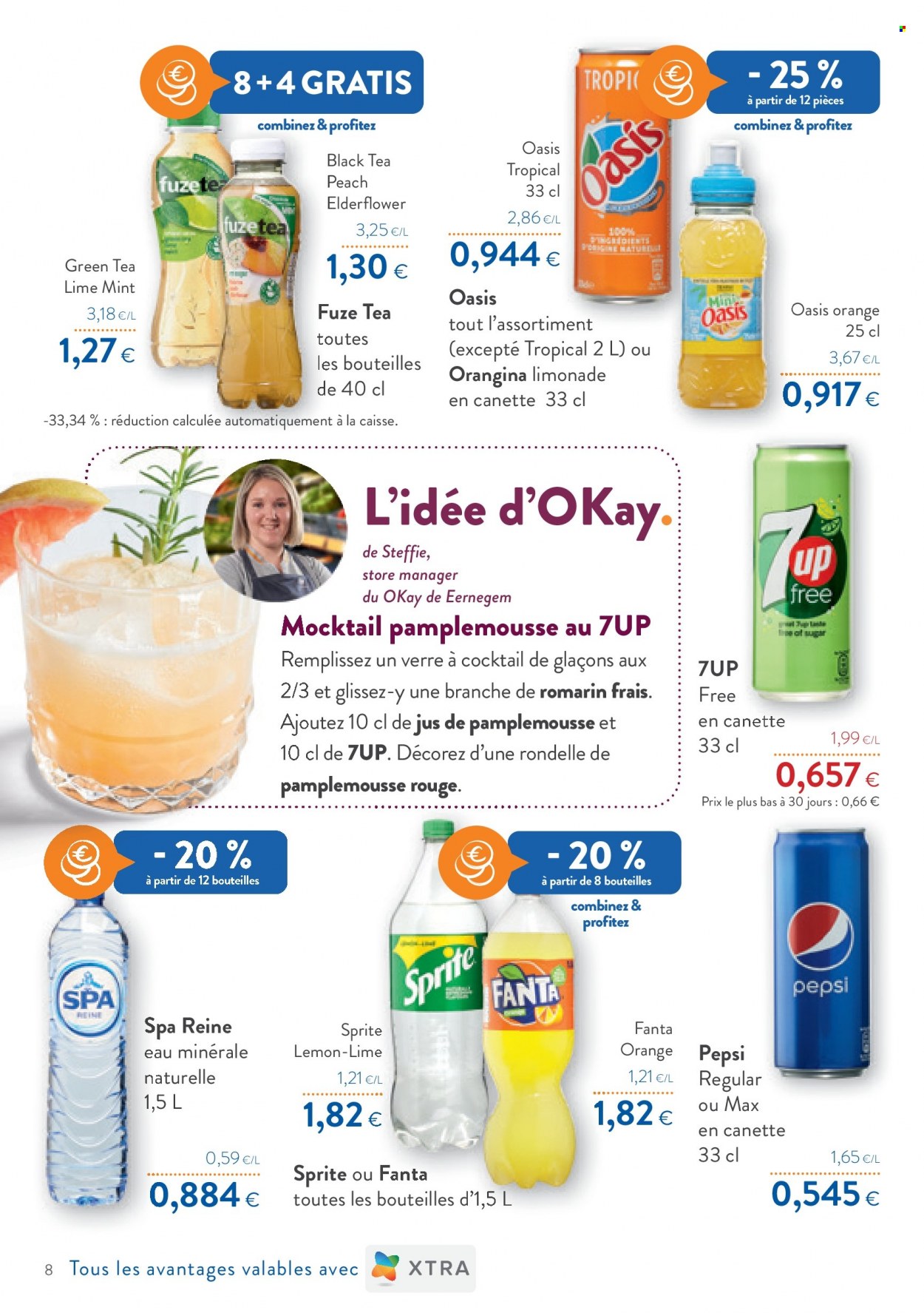 thumbnail - Catalogue OKay - 08/03/2023 - 21/03/2023 - Produits soldés - Oasis, Fuze Tea, 7up, Fanta, Pepsi, Orangina, limonade, eau minérale, eau minérale naturelle. Page 8.