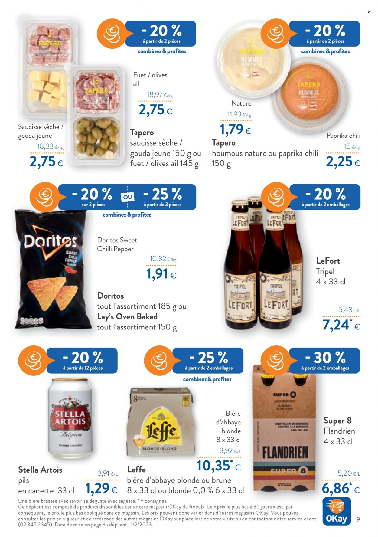 thumbnail - Catalogue OKay - 08/03/2023 - 21/03/2023 - Produits soldés - ail, Leffe, saucisse sèche, fuet, houmous, chips, Lay’s, Doritos, olives, bière blonde. Page 9.