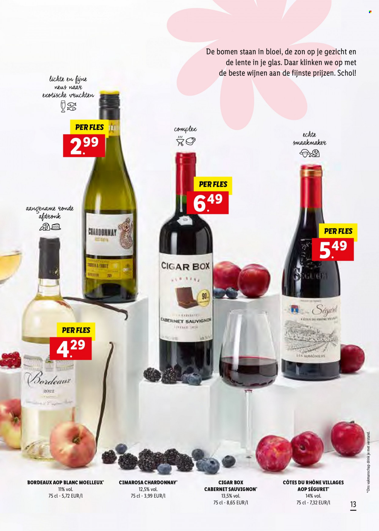 thumbnail - Lidl-aanbieding -  producten in de aanbieding - Cabernet Sauvignon, Chardonnay, wijn, Côtes du Rhône, Bordeaux, glazen. Pagina 13.