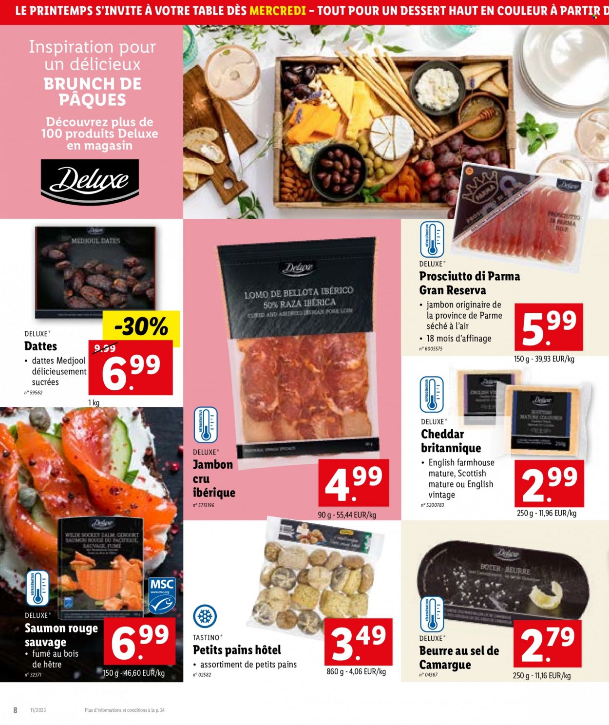 thumbnail - Catalogue Lidl - 15/03/2023 - 21/03/2023 - Produits soldés - table, pain, dessert, saumon, jambon, jambon sec, prosciutto, beurre, datte. Page 8.