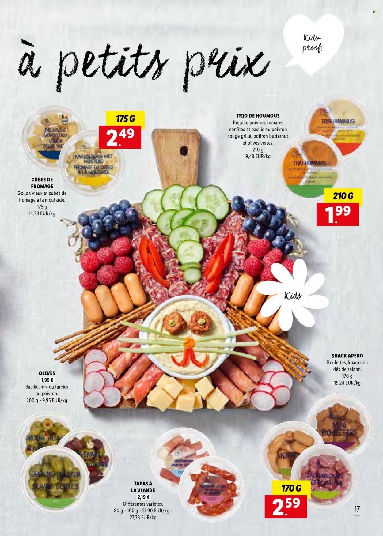 thumbnail - Catalogue Lidl - Produits soldés - viande, potimarron, tapas, salami, Knacks, houmous, olives, olives vertes. Page 17.