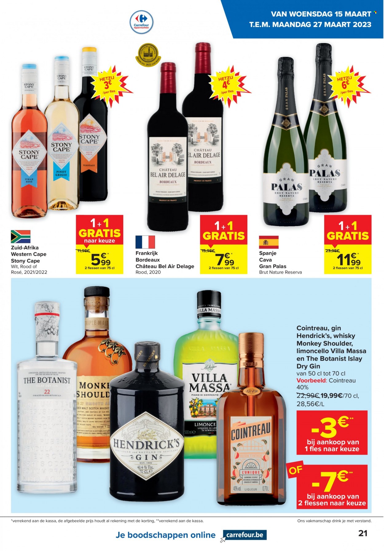 thumbnail - Catalogue Carrefour - 15/03/2023 - 27/03/2023 - Produits soldés - vin rouge, Bordeaux, alcool, Cointreau, gin, whisky. Page 21.