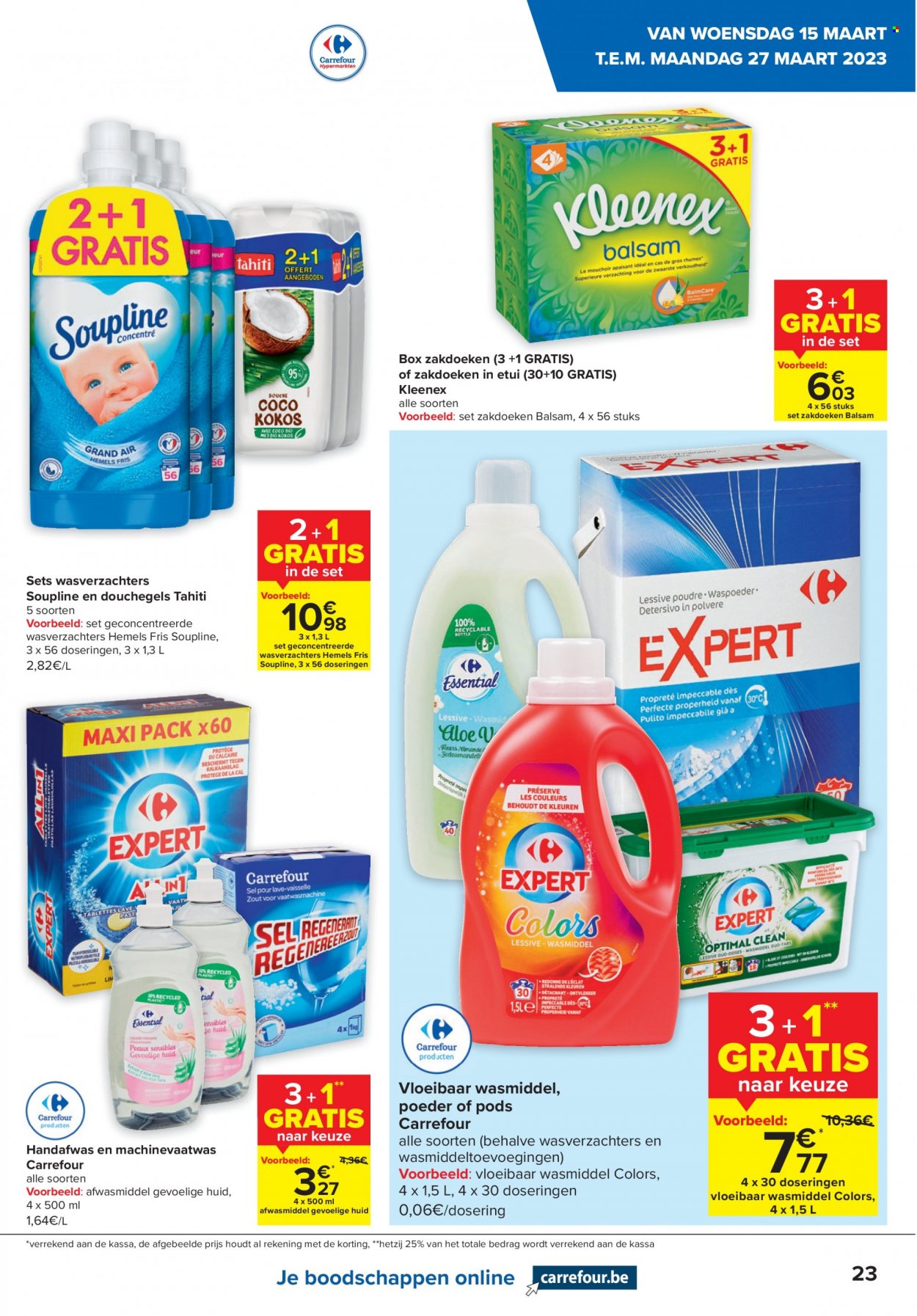 thumbnail - Carrefour-aanbieding - 15/03/2023 - 27/03/2023 -  producten in de aanbieding - Kleenex, wasmiddel, handafwas. Pagina 23.