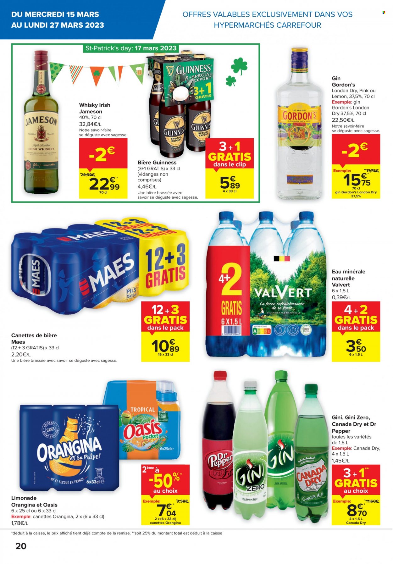 thumbnail - Catalogue Carrefour - 15/03/2023 - 27/03/2023 - Produits soldés - Oasis, Orangina, limonade, eau minérale, eau minérale naturelle, gin, Jameson, whisky. Page 20.