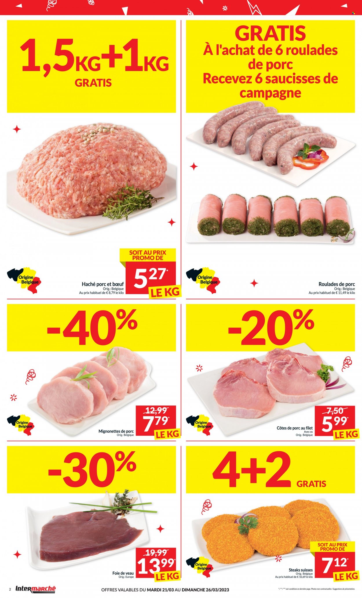 thumbnail - Catalogue Intermarché - 21/03/2023 - 26/03/2023 - Produits soldés - steak, côtes de porc, viande de porc, viande de veau, saucisse. Page 2.