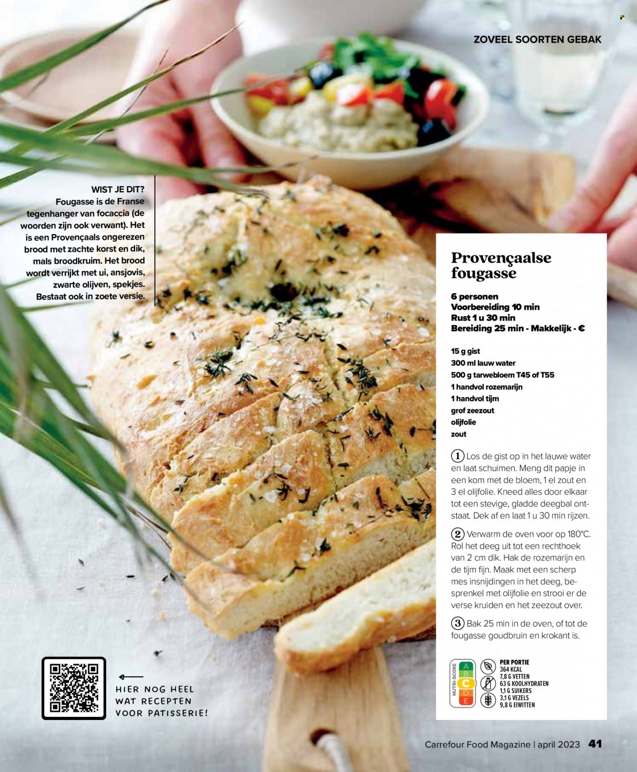 thumbnail - Carrefour-aanbieding - 22/03/2023 - 03/05/2023 -  producten in de aanbieding - focaccia, brood, gebak, broodkruim, gist, grof zeezout, olijven, rozemarijn, messen, kom. Pagina 41.